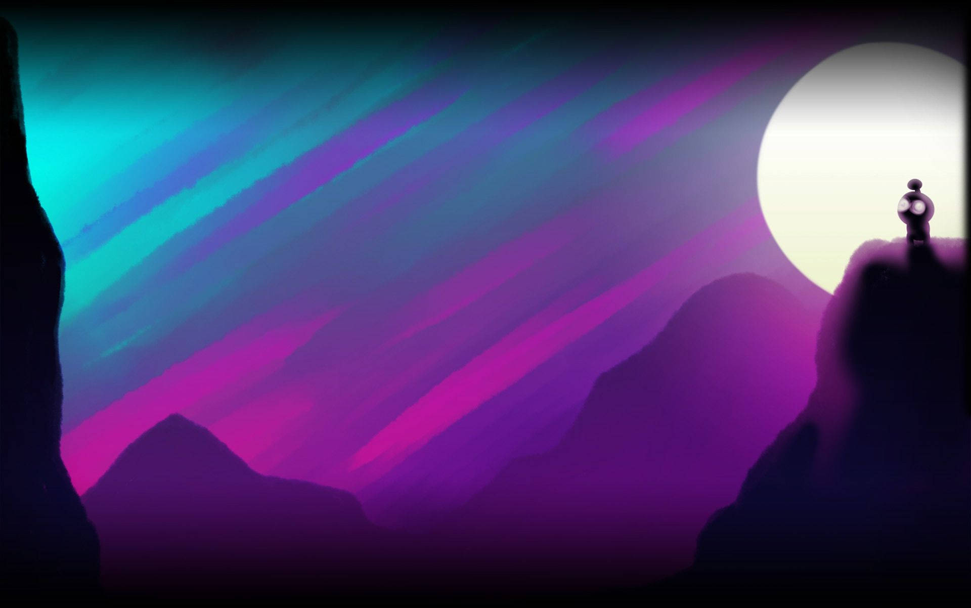 Digital 桌布 壁紙 — 一個孤獨的身影站在山頂上，天空呈現鮮豔的紫色和藍綠色，還有一輪發光的月亮。