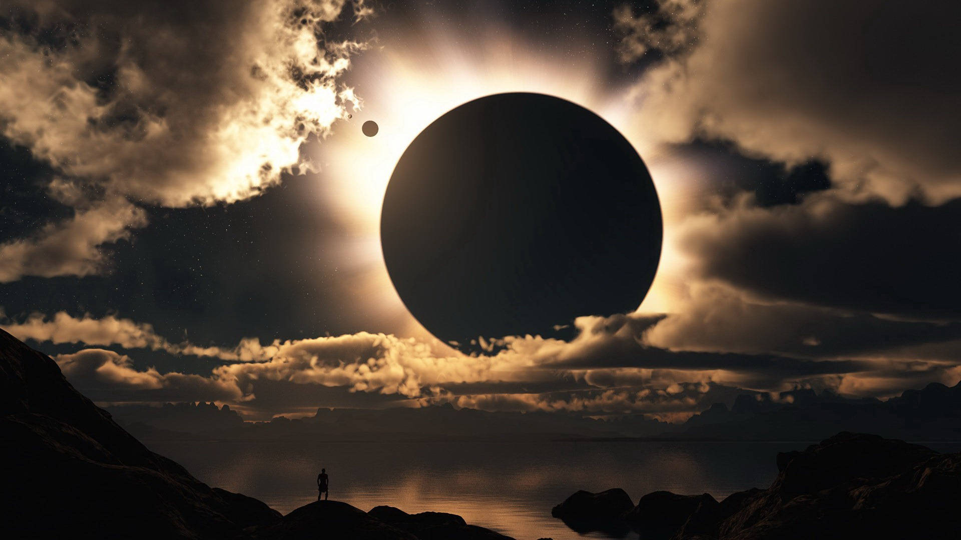 Full HD Tablet Solar Eclipse 壁紙 — 一個孤獨的身影站在岩石海岸上，看著一顆巨大的行星透過戲劇性的金色雲層遮蔽太陽。