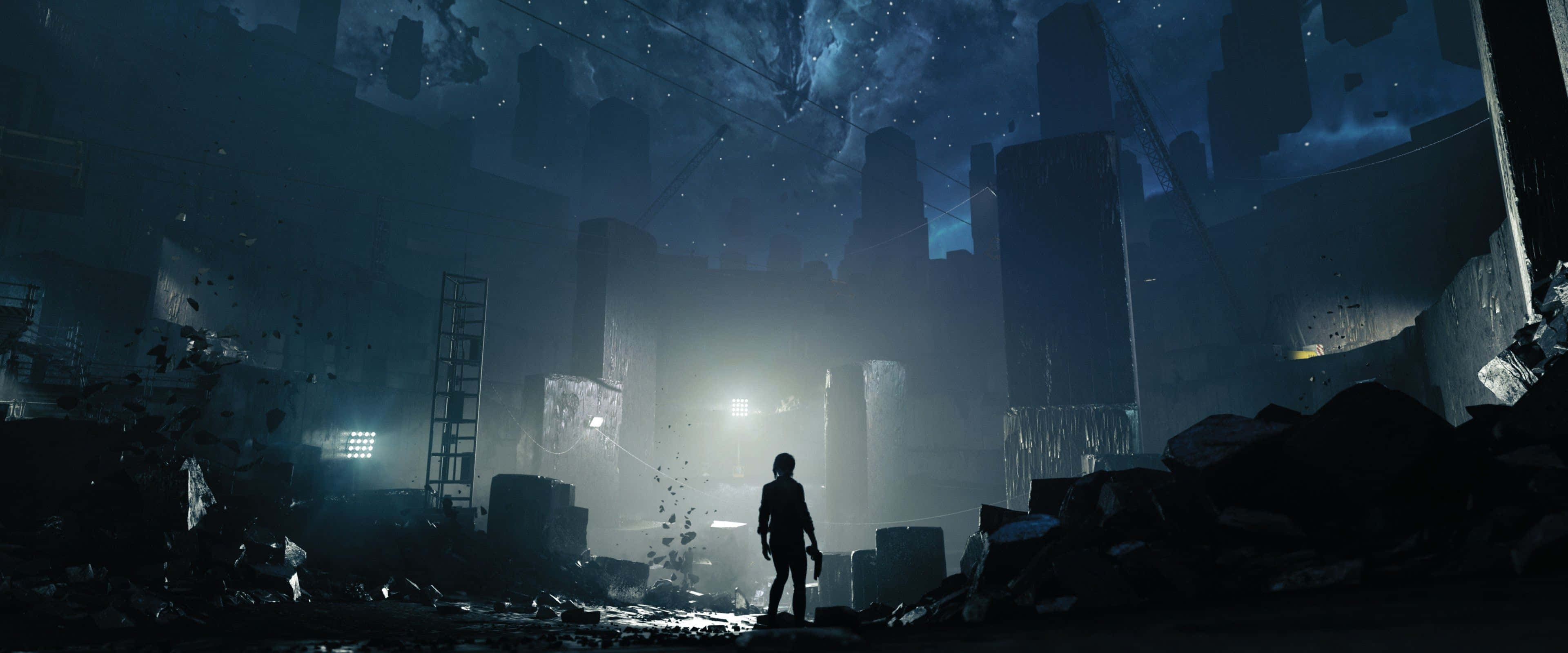 4K Pc Monitor 桌布 壁紙 — 一個孤獨的身影站在廢墟般的未來城市中，夜晚星空下，發光的燈光穿透迷霧。