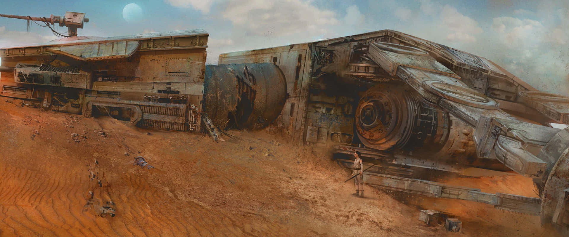 Jakku 桌布 壁紙 — 一個孤獨的身影站在廣闊沙漠中一艘巨大失事太空船旁邊，天空蒼白，月光皎潔。