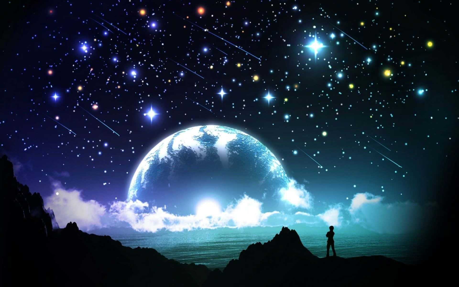 月亮與星星動畫 桌布 壁紙 — 一個孤獨的身影站在懸崖上，凝視著懸浮在滿是流星星空中的發光藍色星球。
