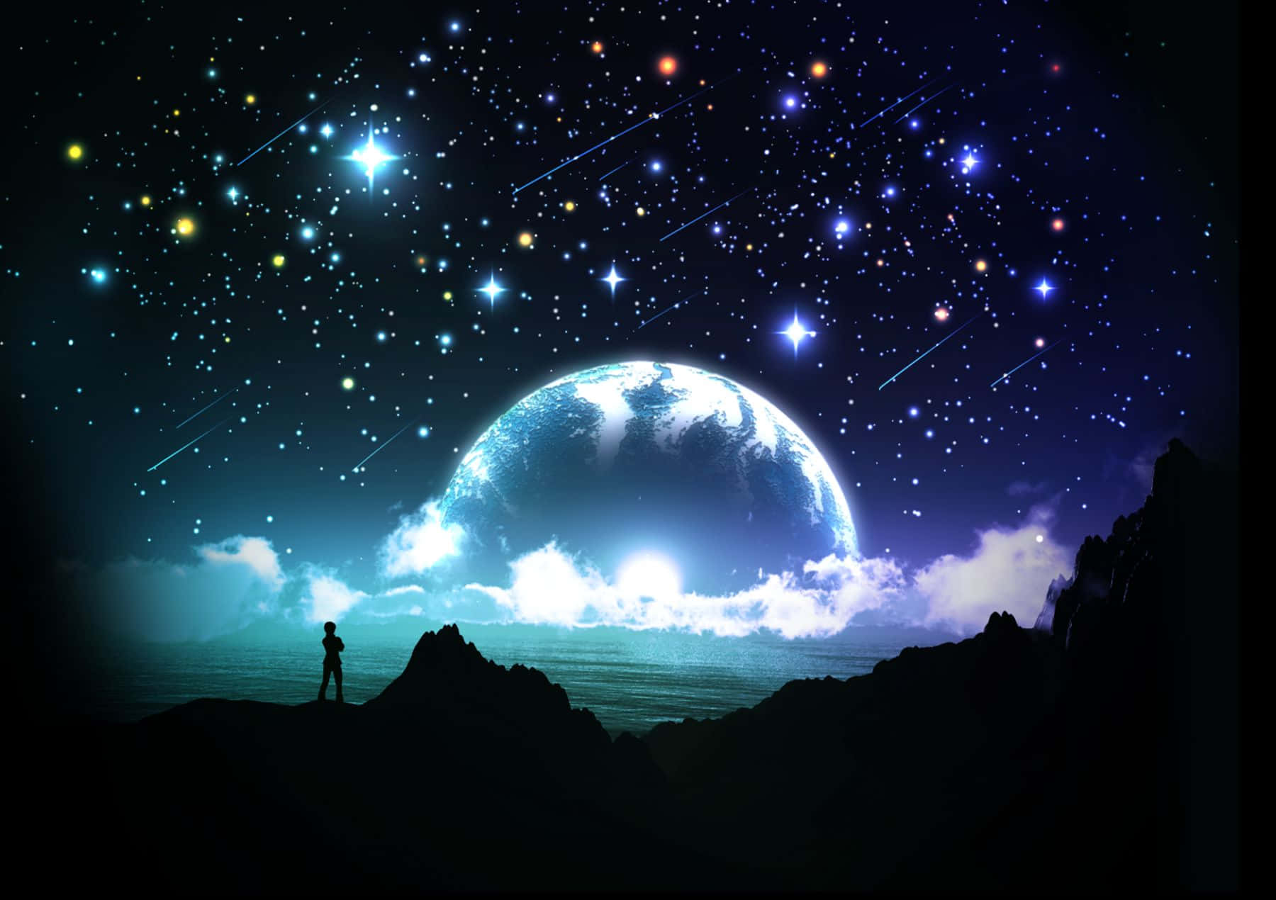 月亮與星星動畫 桌布 壁紙 — 一個孤獨的身影站在懸崖上，凝視著一顆懸浮在滿是流星嘅星空夜空中的發光藍色行星。