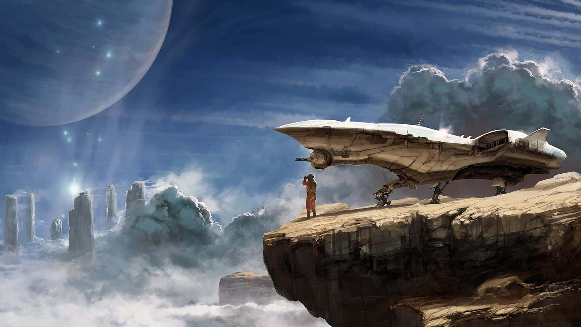 Space Exploration 桌布 壁紙 — 一個孤獨的身影站在懸崖邊，旁邊是一艘未來風格的太空船，下方是廣闊的外星天空，有巨大的月亮和閃爍的星星。