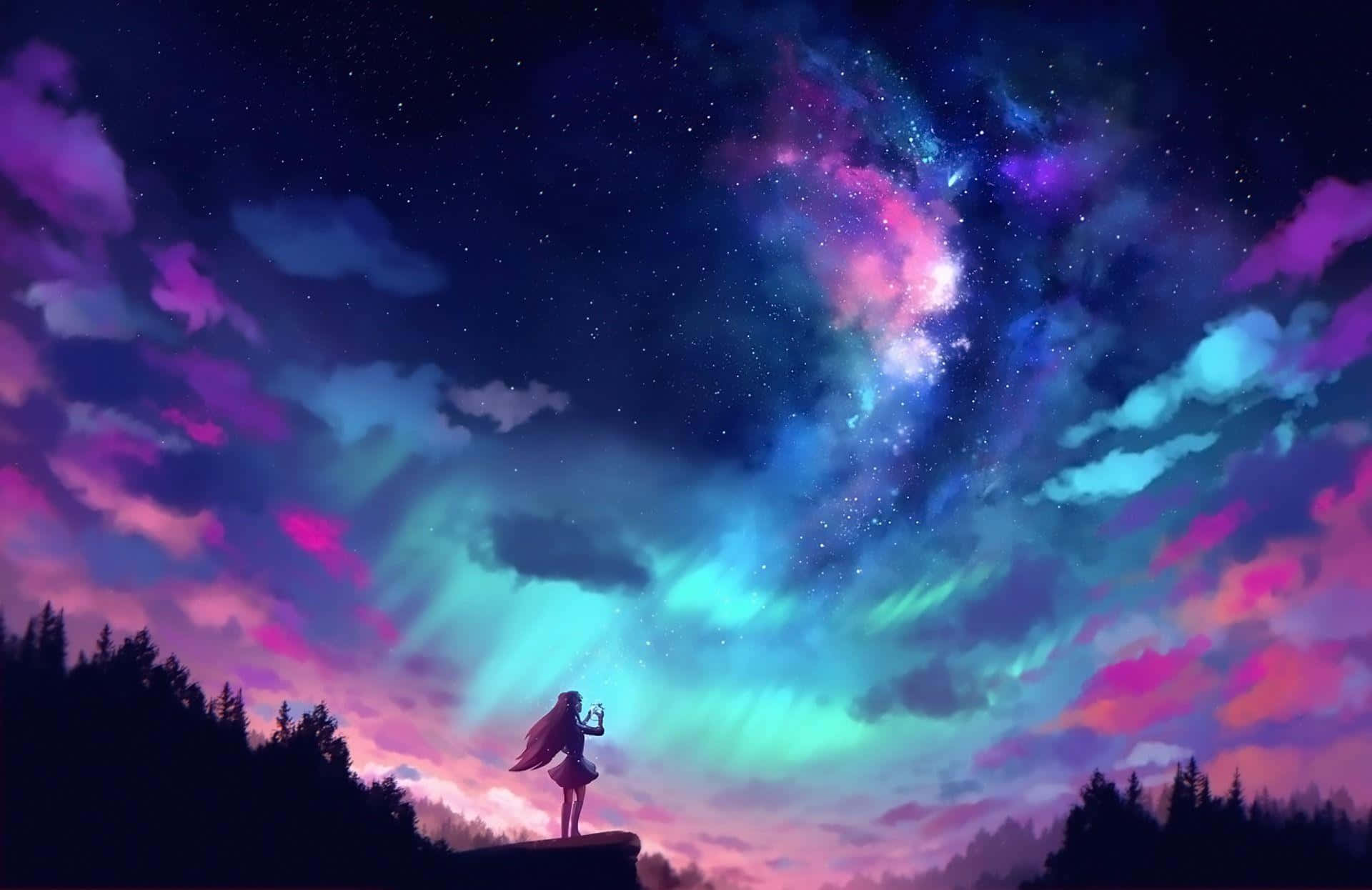 Purple Anime 桌布 壁紙 — 一個孤獨的身影站在懸崖頂上，凝視著充滿旋轉星雲和恆星的充滿活力的宇宙天空。