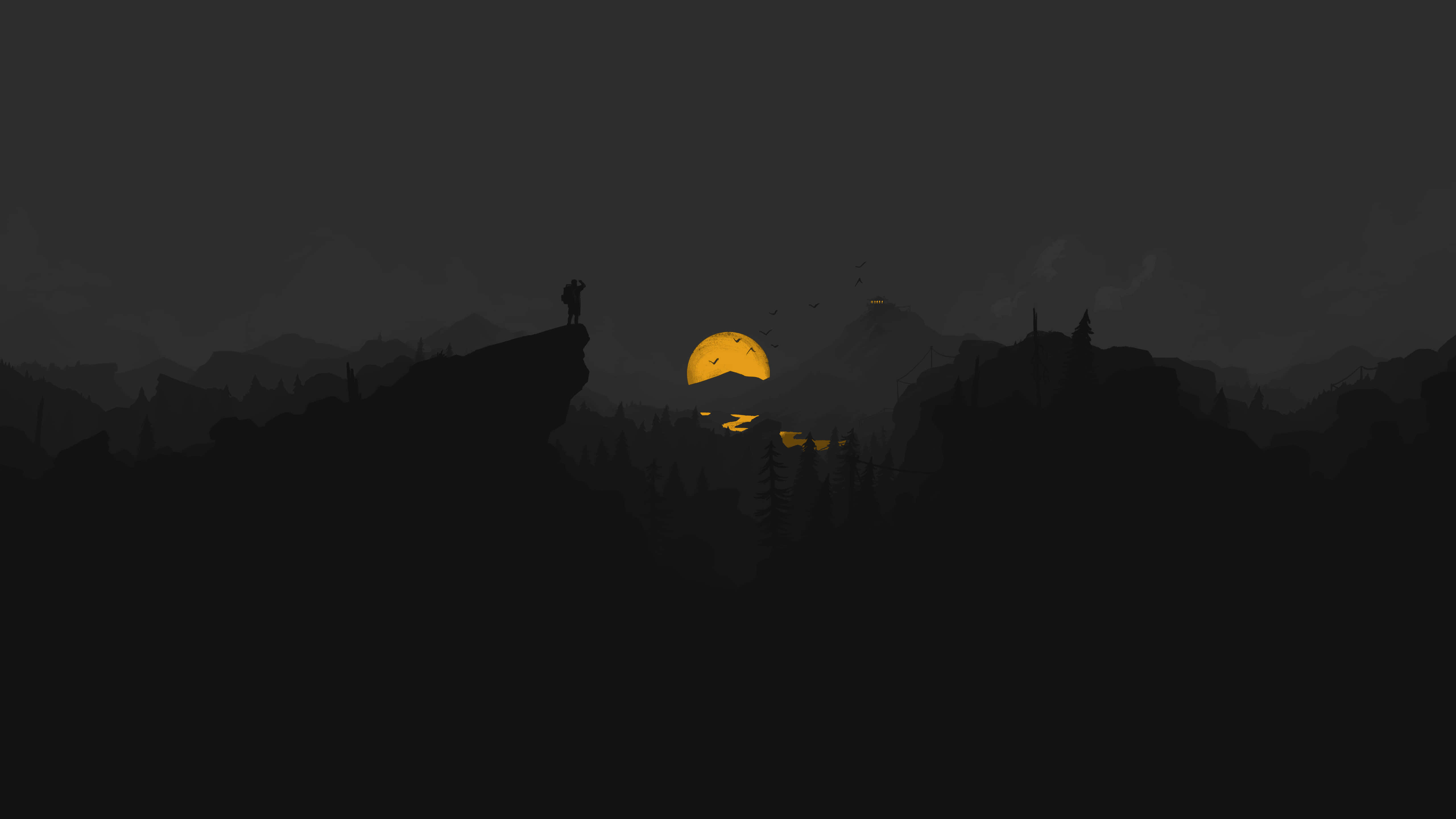 Firewatch 桌布 壁紙 — 一個孤獨的身影站在懸崖頂上，看著一輪熾熱的橙色夕陽在層層疊疊的山巒剪影後落下。