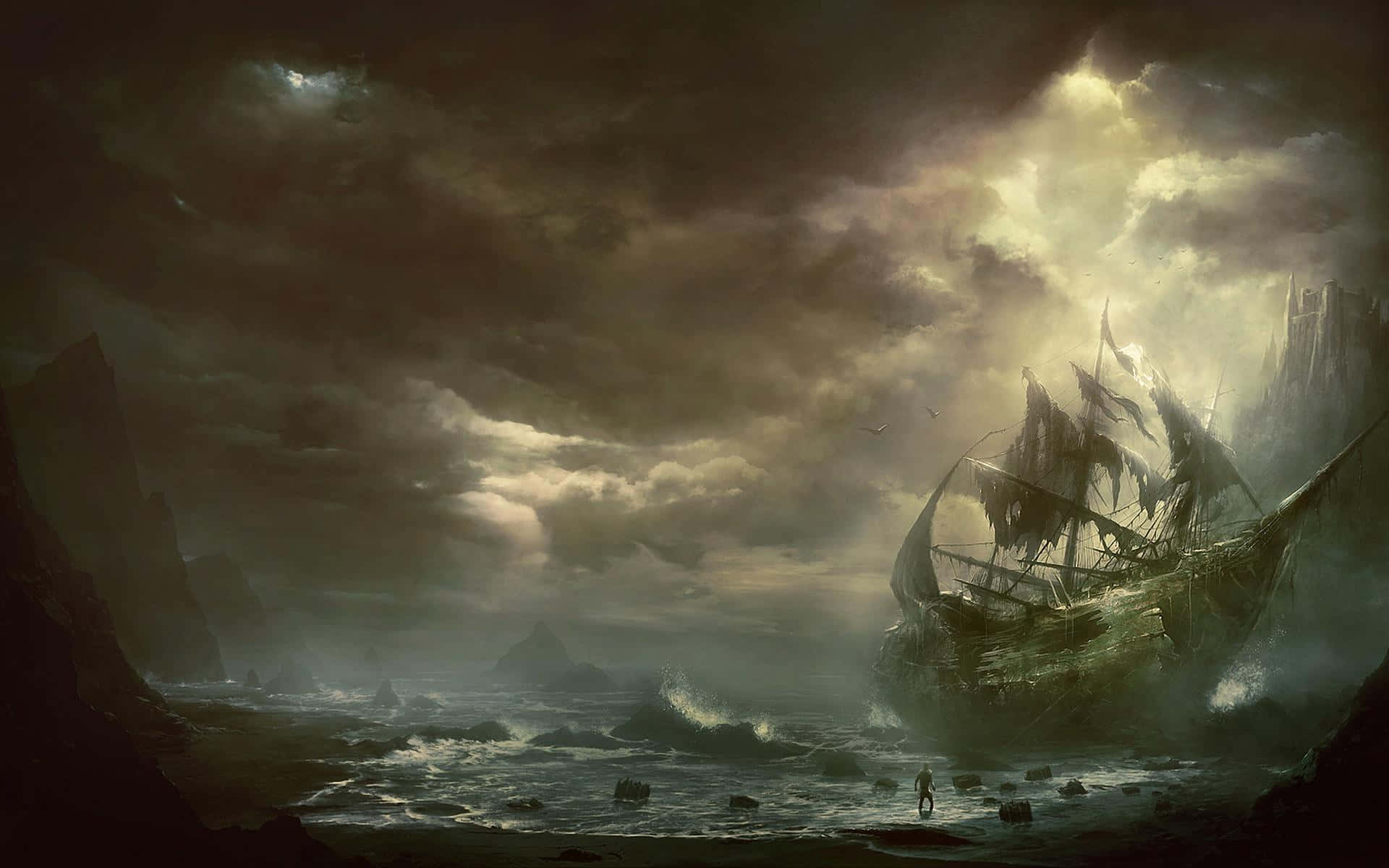 Pirate Ship 桌布 壁紙 — 一個孤獨的身影站在擱淺在暴風雨海岸的沉船前，天空陰沉，光線戲劇性。