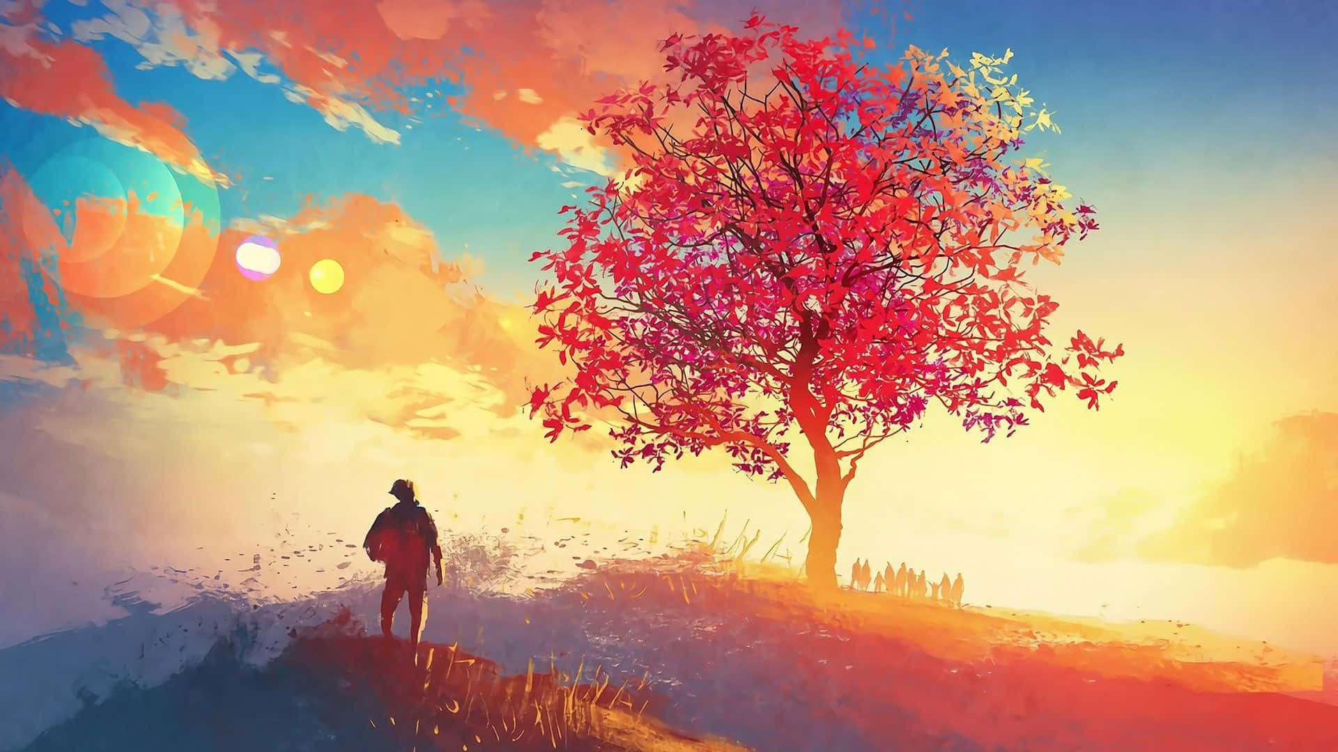 Digital Art 桌布 壁紙 — 一個孤獨的身影站在日落時分一棵鮮紅的樹下，在溫暖發光的天空襯托下形成剪影，並帶有鏡頭光暈。