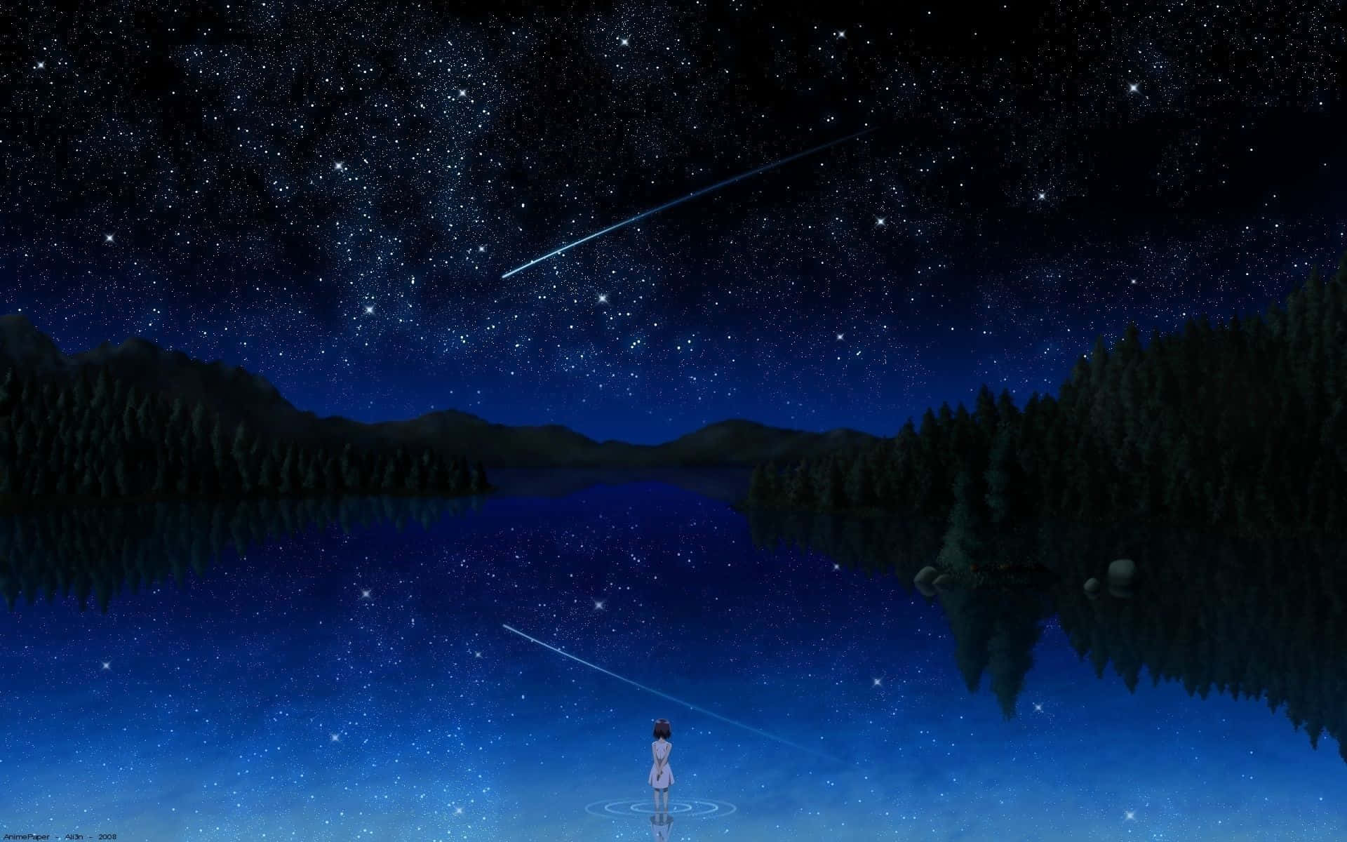 Anime Sky 桌布 壁紙 — 一個孤獨的身影站在星光閃爍的湖邊，頭頂上是流星劃過的宇宙天空。