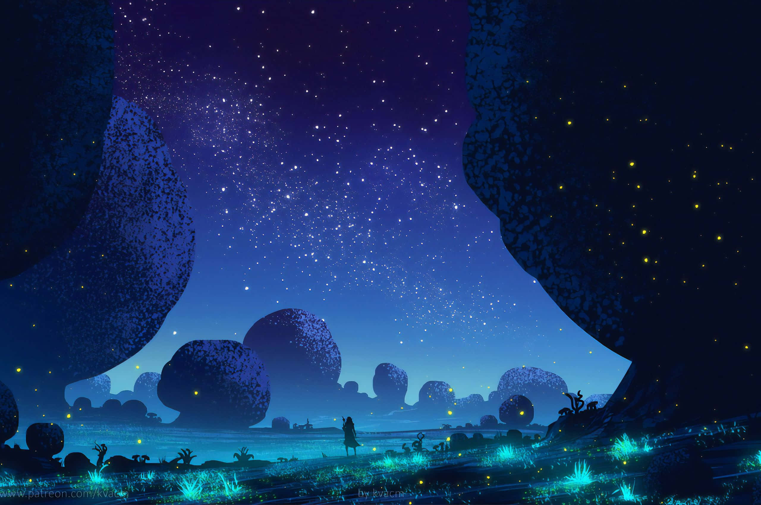 Ambience 桌布 壁紙 — 一個孤獨的身影站在星空下，被發光的巨大岩石形成所環繞，岩石上長滿了生物發光的植物。