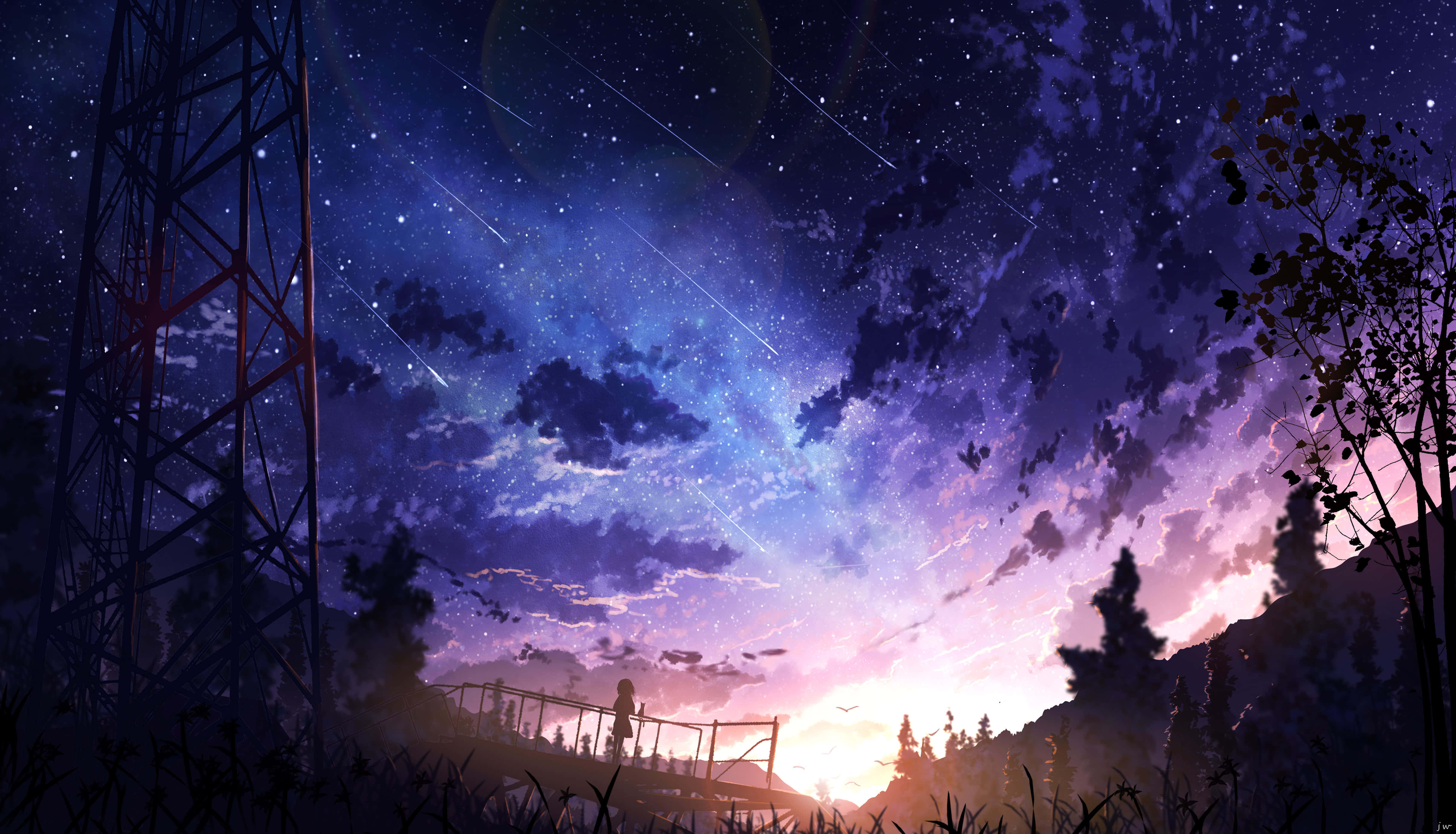 Anime Sunset 桌布 壁紙 — 一個孤獨的身影站在橋上，下方是充滿星星和流星嘅燦爛暮色天空，上面係樹林覆蓋嘅山丘。