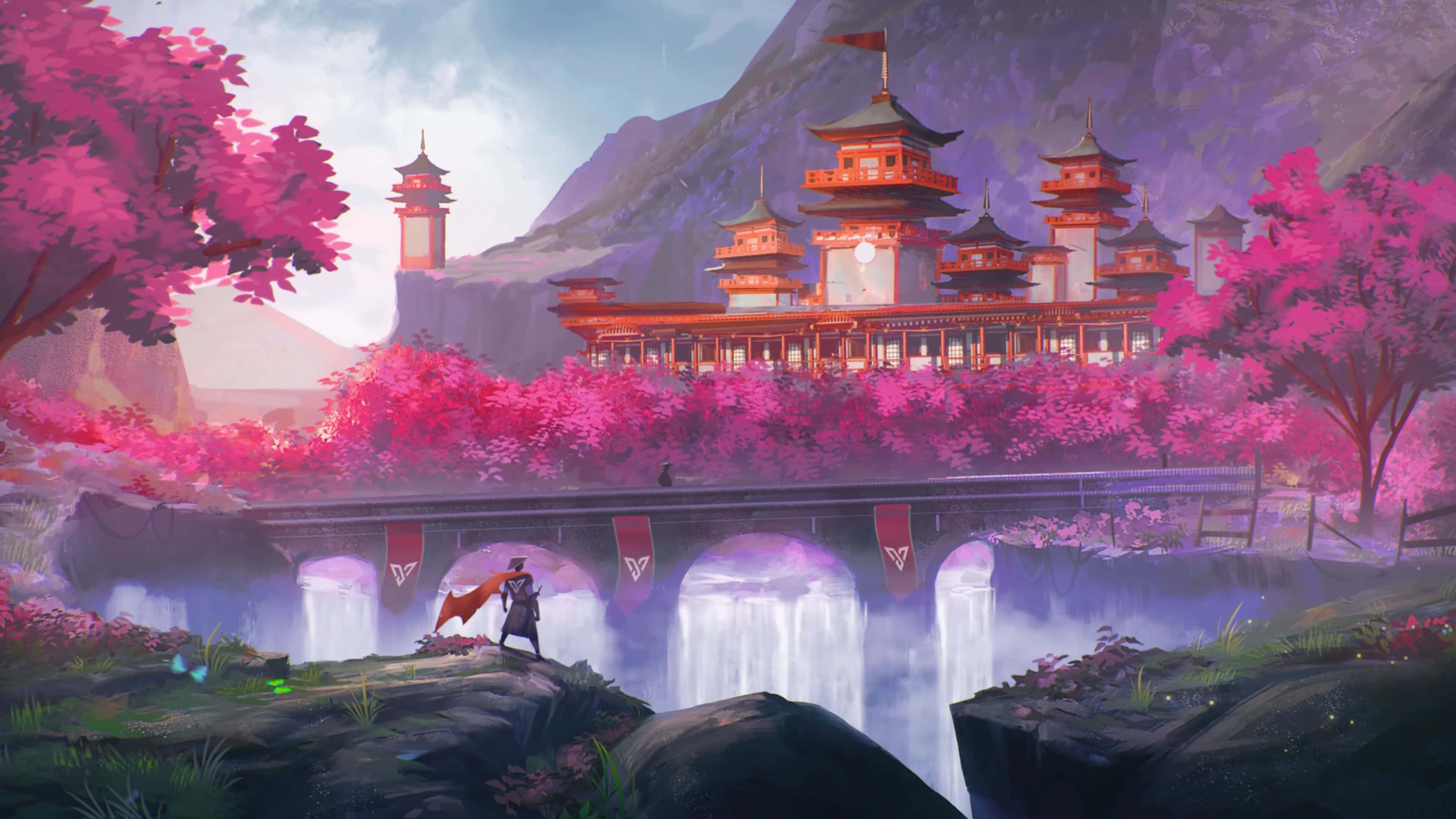 Samurai Landscape 桌布 壁紙 — 一個孤獨的身影站在橋前，橋下是層疊的瀑布，上方是發光的粉紅櫻花樹冠，環繞著一座雄偉的傳統寺廟建築群。