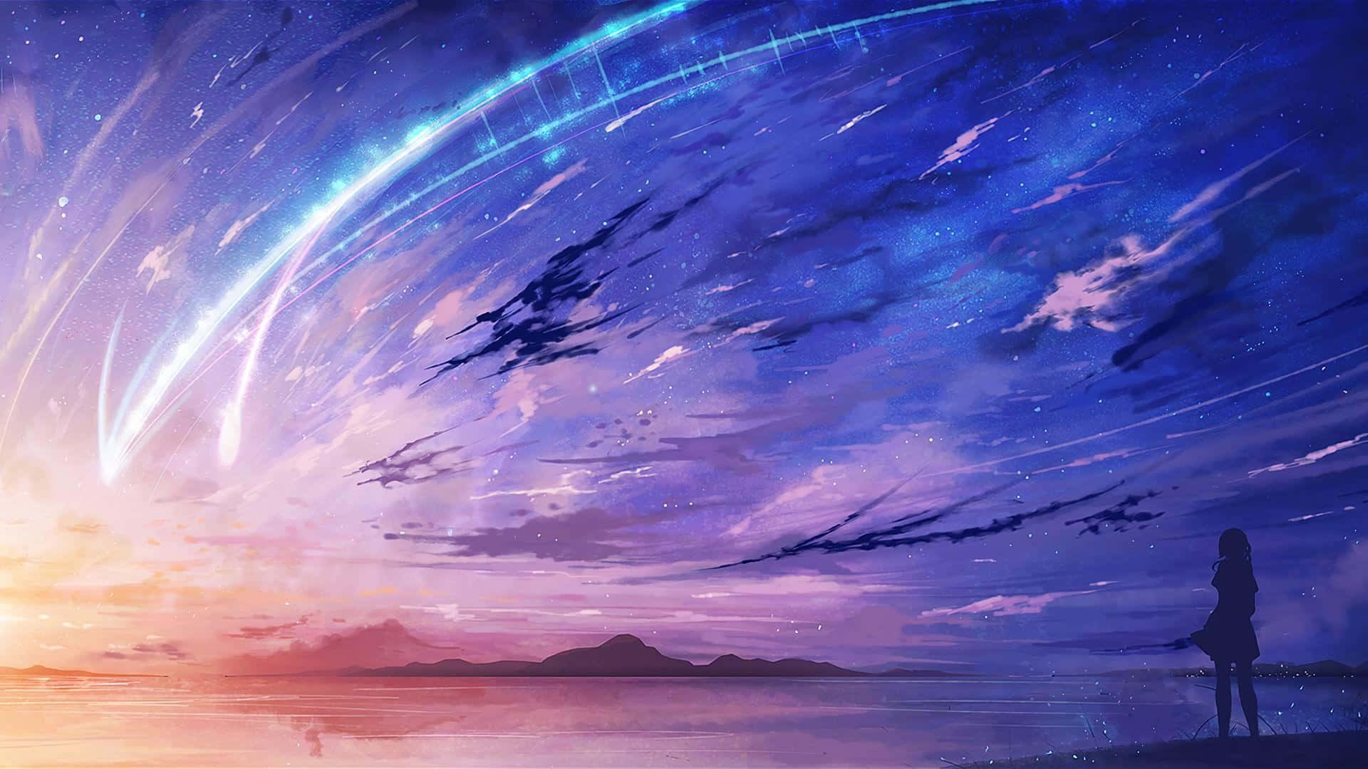 紫色動漫 桌布 壁紙 — 一個孤獨的身影站在水邊，觀看鮮豔的宇宙條紋劃過佈滿星星和紫色雲朵的暮色天空。