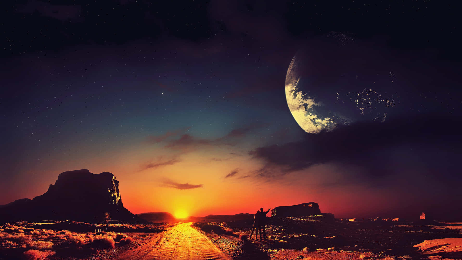 dreamy 桌布 壁紙 — 一個孤獨的身影站在沙漠公路上，夕陽下，巨大的月亮和星空之下。