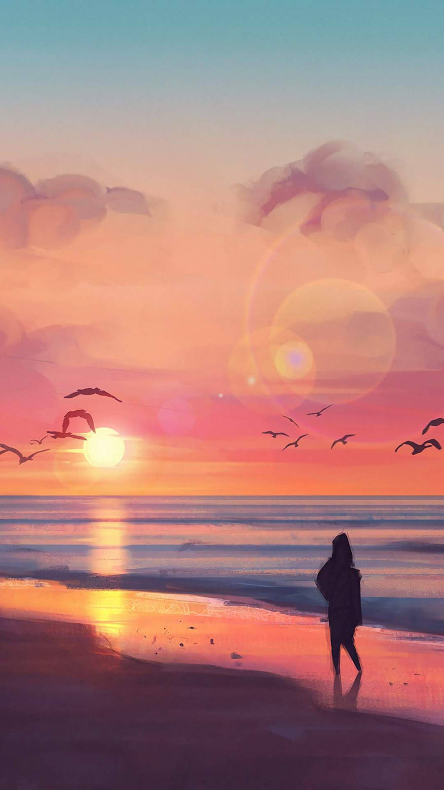 手機 桌布 壁紙 — 一個孤獨的身影站在沙灘上，夕陽西下，鳥兒飛過映照在海面上的生動天空。
