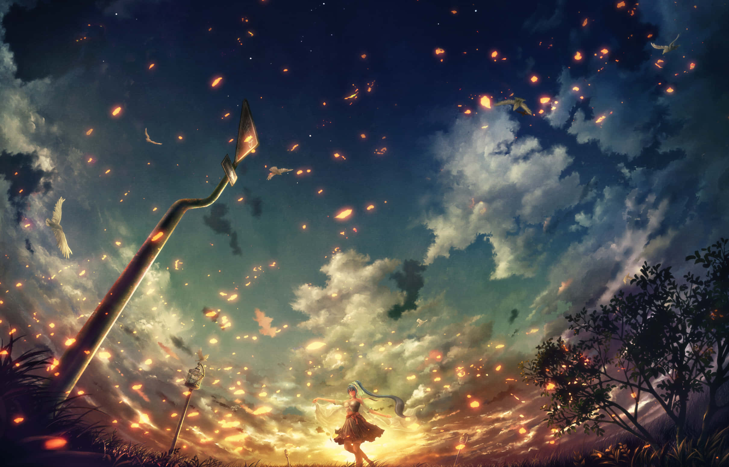 Anime Sky 桌布 壁紙 — 一個孤獨的身影站在田野中，發光的餘燼在佈滿鳥類和一根高聳法杖的暮色天空中飄蕩。