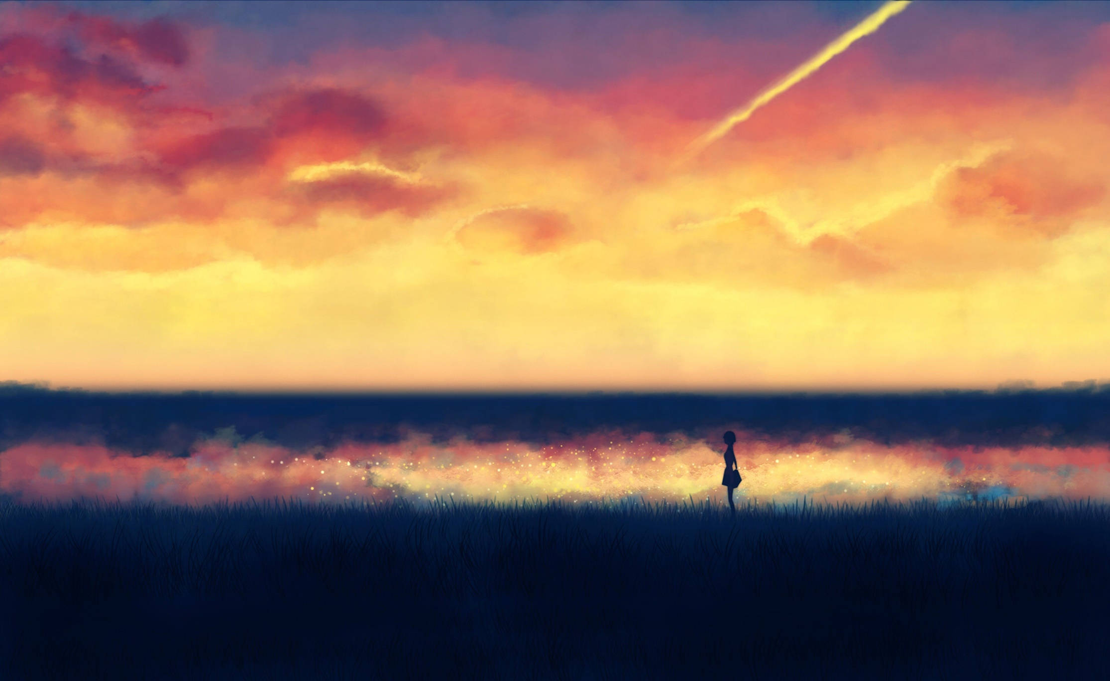 Silhouette 桌布 壁紙 — 一個孤獨的身影站在田野中，頭頂是充滿活力的日落天空，帶有橙色、粉紅色和紫色的雲彩條紋。