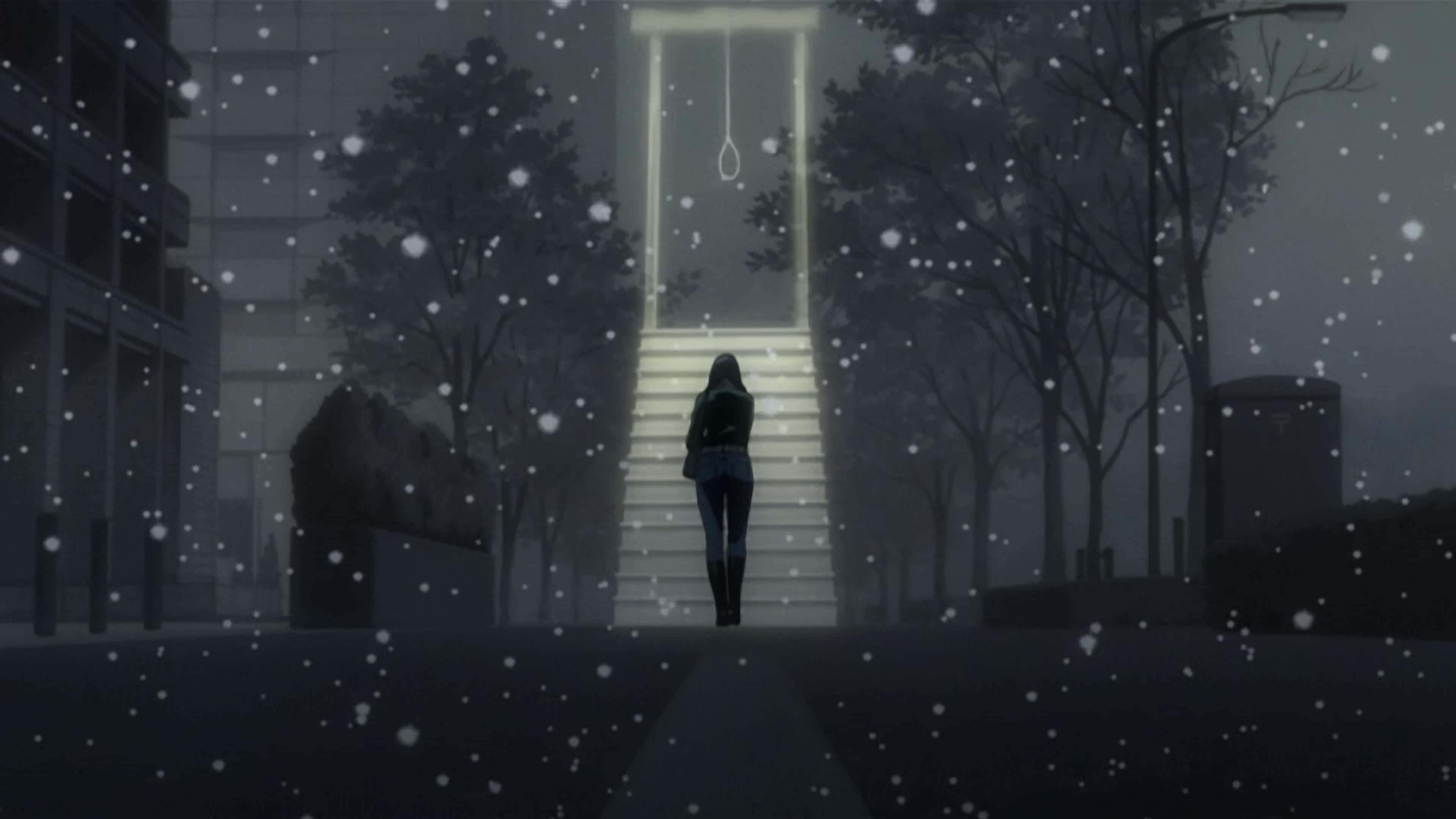 Naomi Misora 桌布 壁紙 — 一個孤獨的身影站在發光樓梯的底部，樓梯通向雪夜城市小巷中的一個絞索。