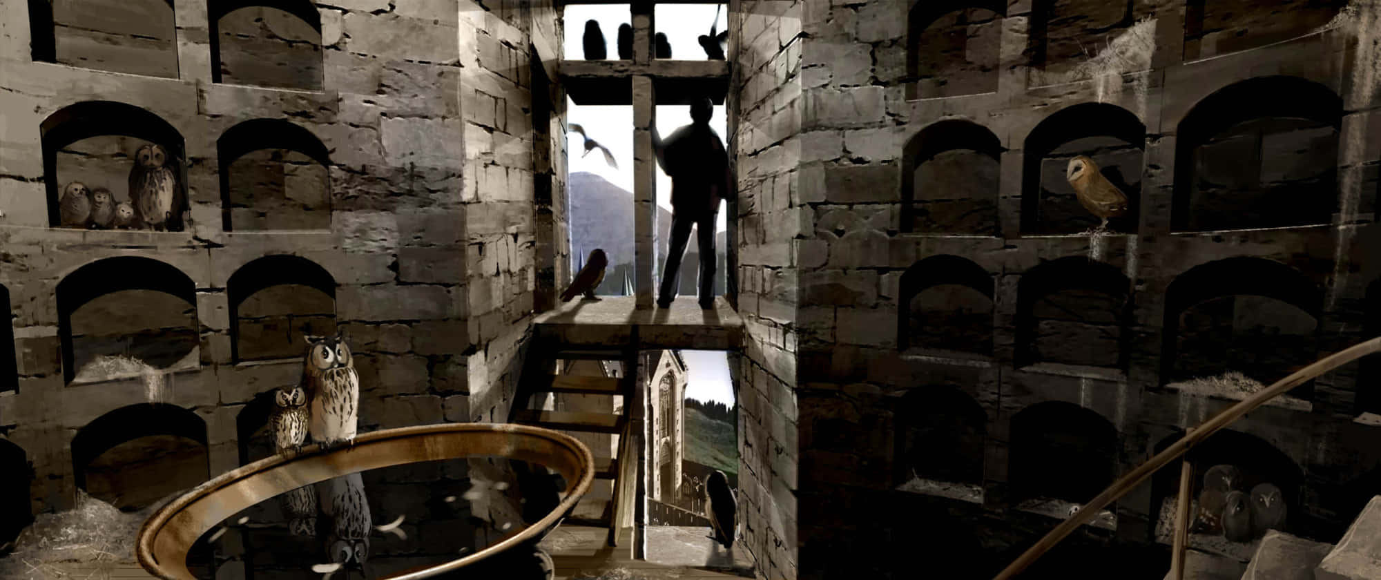 The Hogwarts Owlery 桌布 壁紙 — 一個孤獨的身影站在石頭貓頭鷹保護區的木製平台上，周圍是棲息的貓頭鷹和拱形壁龕。