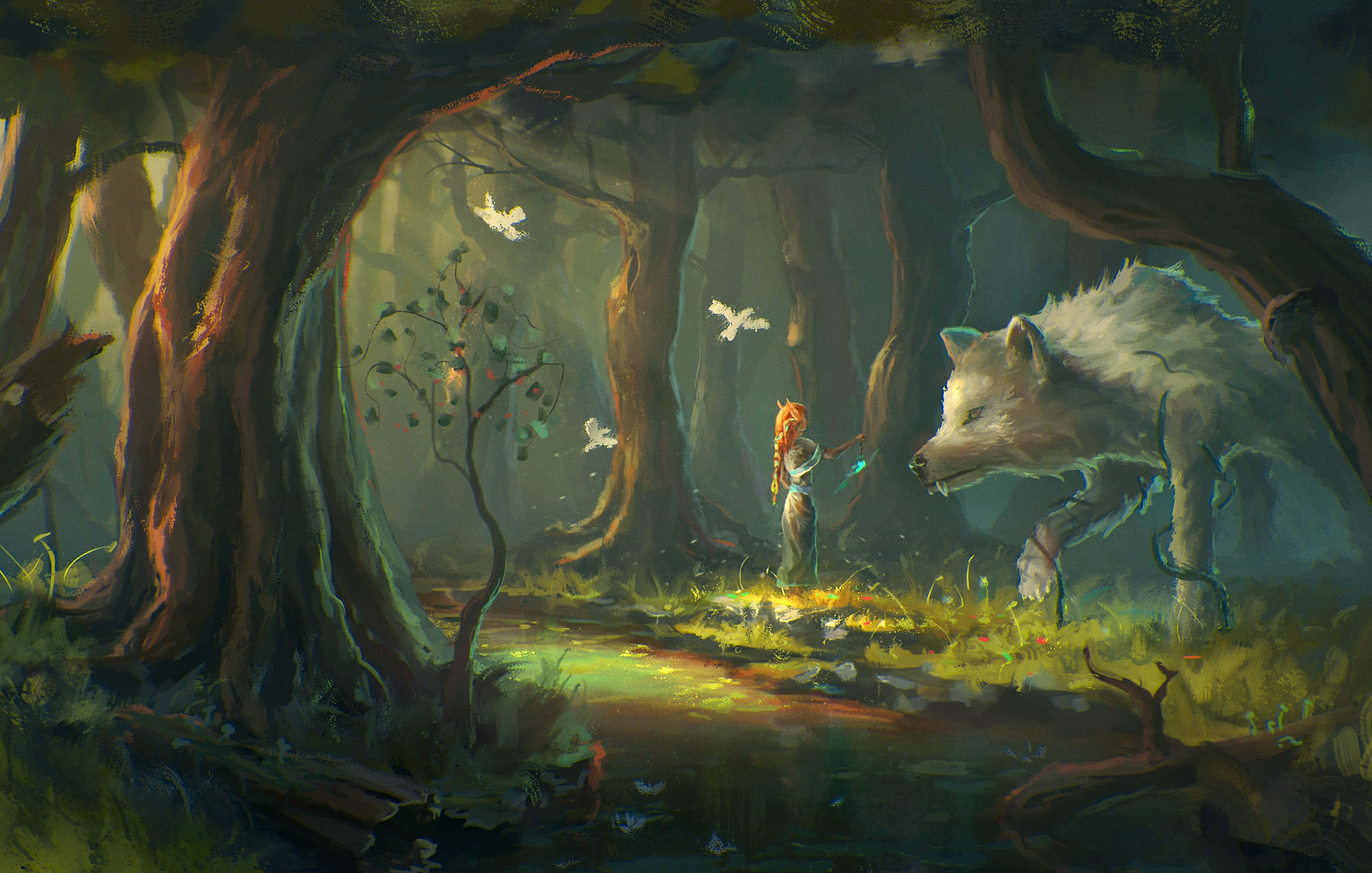 Wolf In Forest 桌布 壁紙 — 一個孤獨的身影站在神秘的森林空地中，面對著一隻大白狼，斑駁的陽光穿過古老的樹木灑落下來。