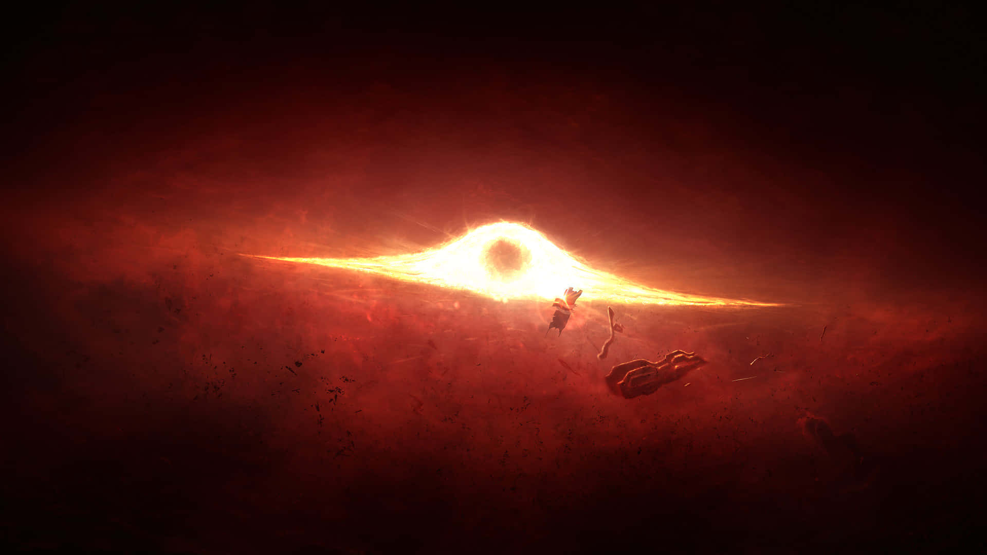 Mass Effect 2 桌布 壁紙 — 一個孤獨的身影站在血紅色虛空中燃燒的宇宙裂縫前，周圍漂浮著碎片。