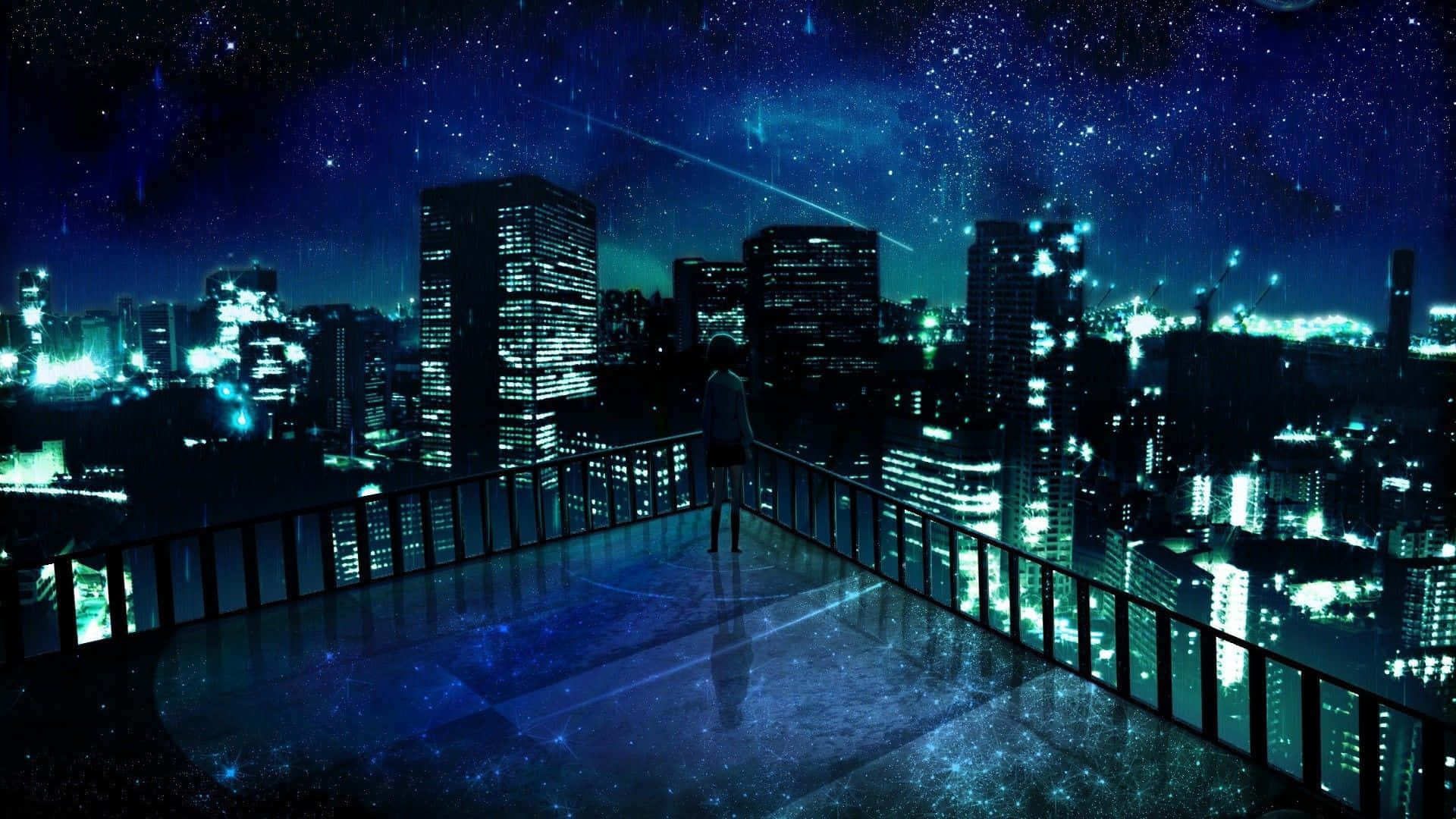 Aesthetic Anime City 桌布 壁紙 — 一個孤獨的身影站在被雨水浸濕的天台陽台上，俯瞰著星空下閃爍的城市景觀。