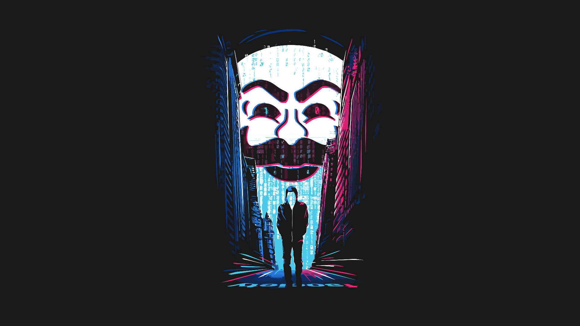 Social 桌布 壁紙 — 一個孤獨的身影站在霓虹燈巷中，下方是一個巨大的發光蓋伊·福克斯面具，帶有層疊的數位代碼。