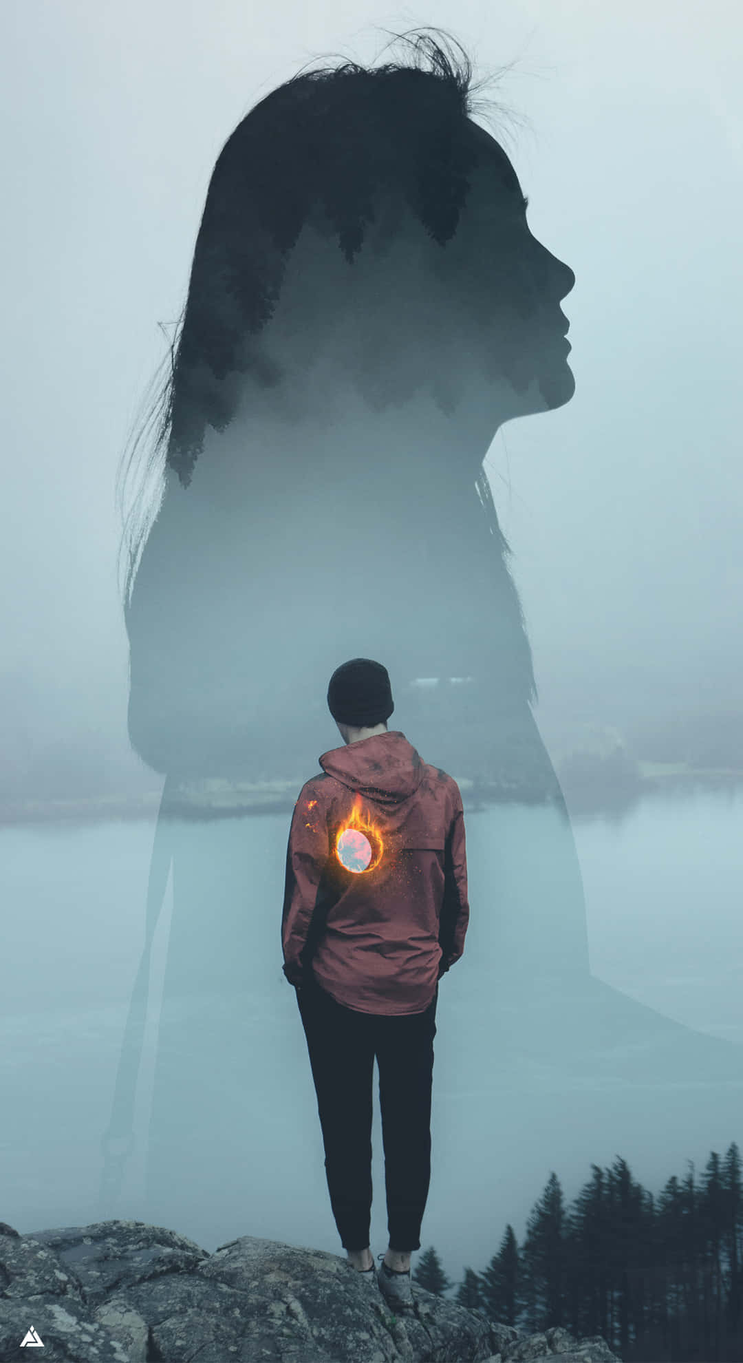 hurt 桌布 壁紙 — 一個孤獨的身影站在霧氣瀰漫的懸崖上俯瞰水面，身後有一個半透明的幽靈般的女性輪廓。