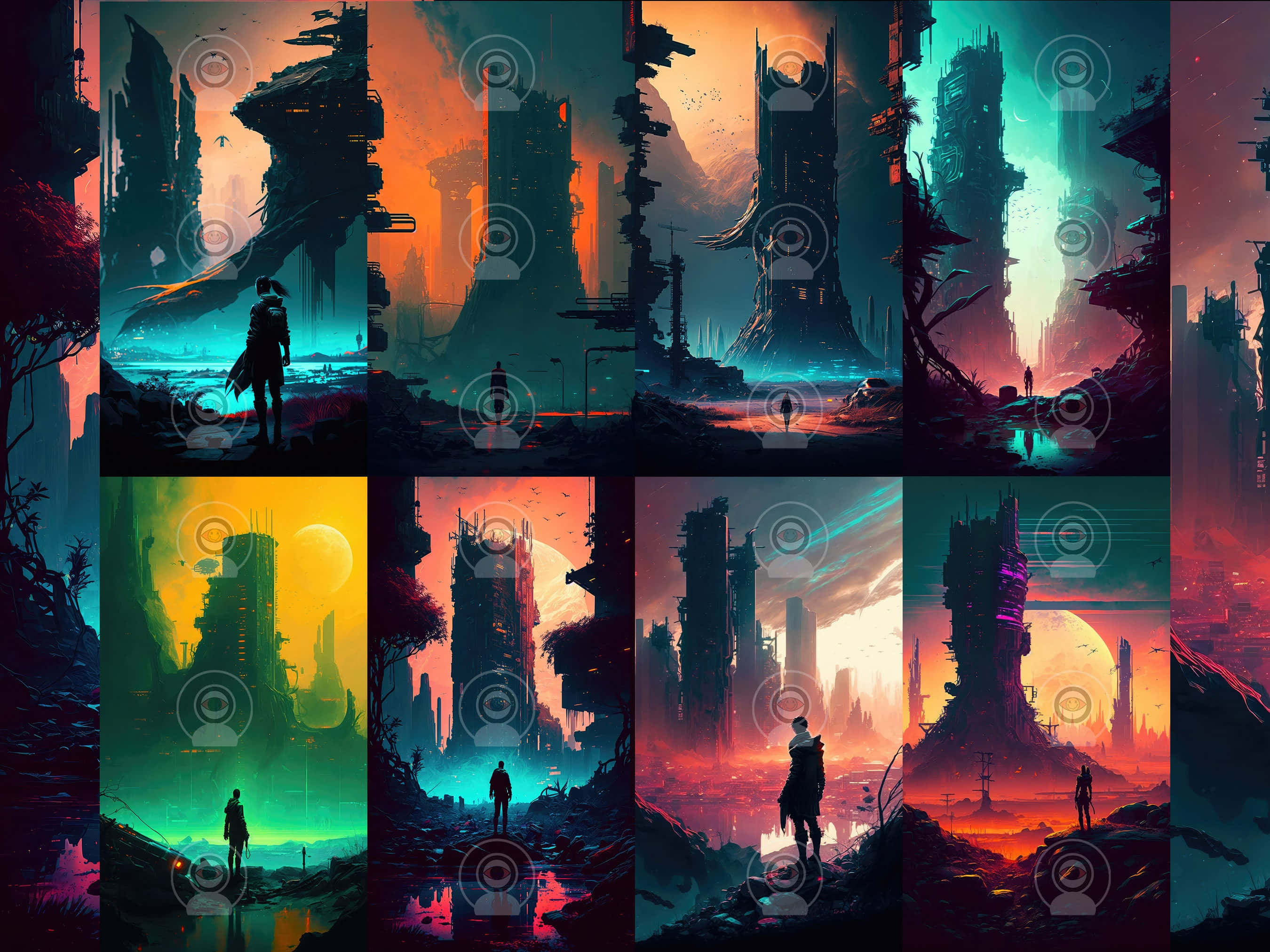 Dark Cyberpunk 桌布 壁紙 — 一個孤獨的身影站在高聳、霓虹燈照亮嘅未來城市廢墟前，背景係戲劇性嘅外星天空。