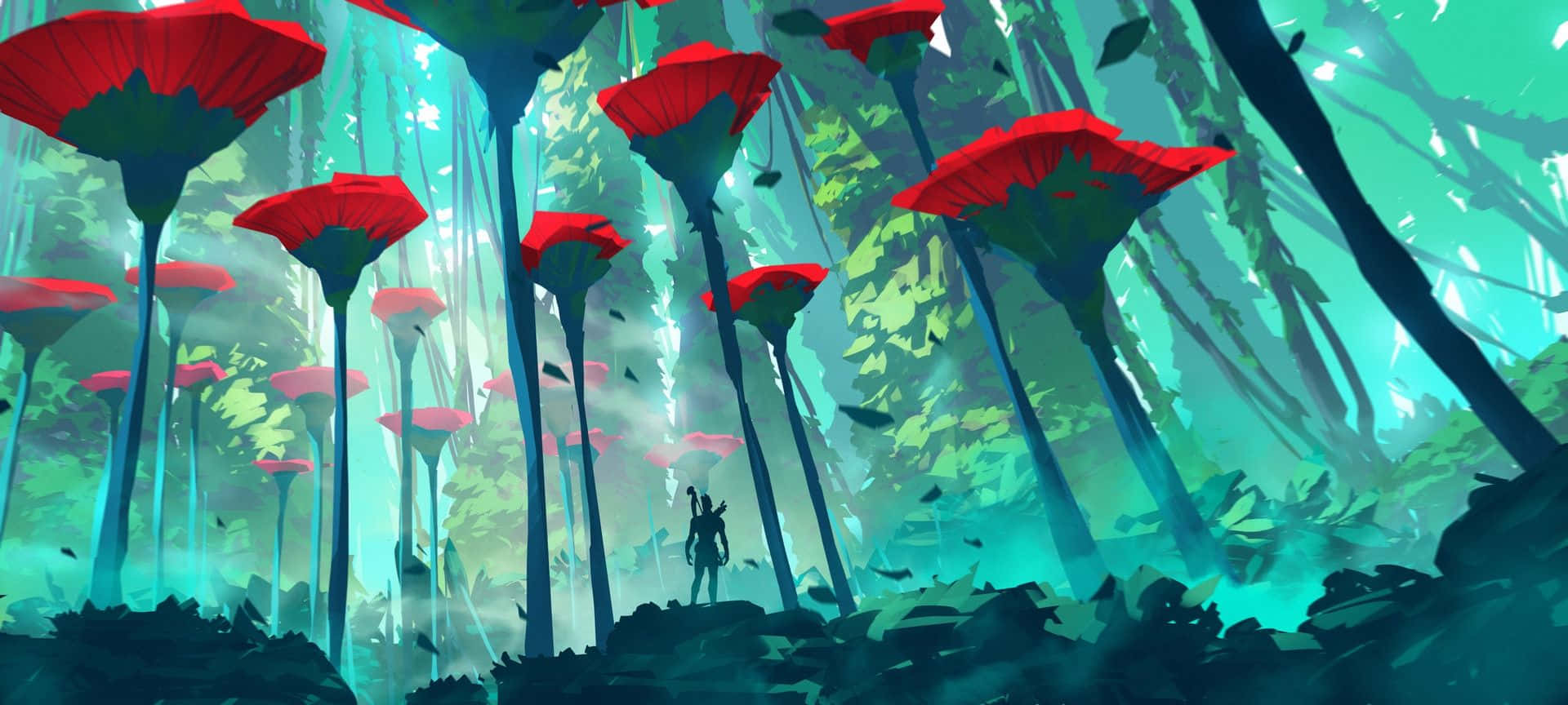 Conceptual Art 桌布 壁紙 — 一個孤獨的身影站在高聳的紅色帽狀植物下，身處迷霧籠罩的藍綠色森林，沐浴在空靈的光芒中。