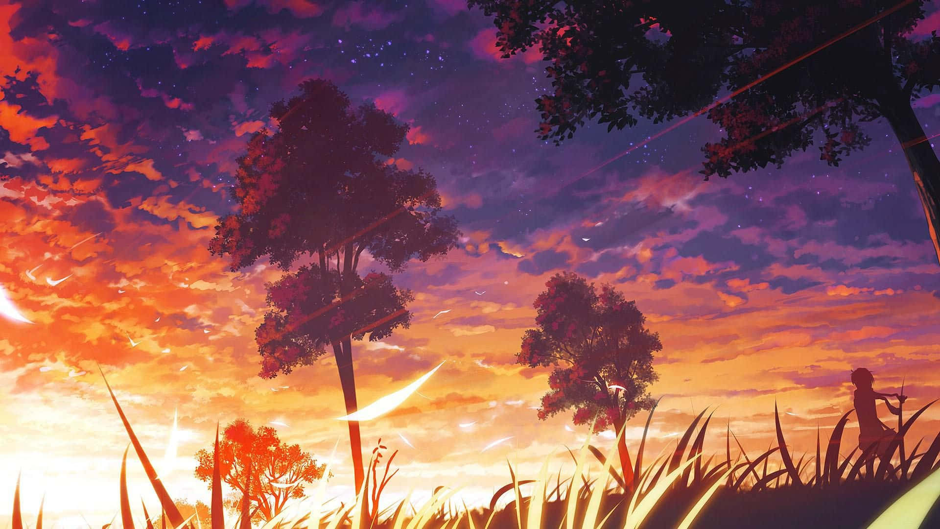 Anime Sunset 桌布 壁紙 — 一個孤獨的身影站在高高的草叢中，下方是充滿活力的暮色天空，帶有橙色、紫色和星光的條紋，而樹木的剪影勾勒出地平線。