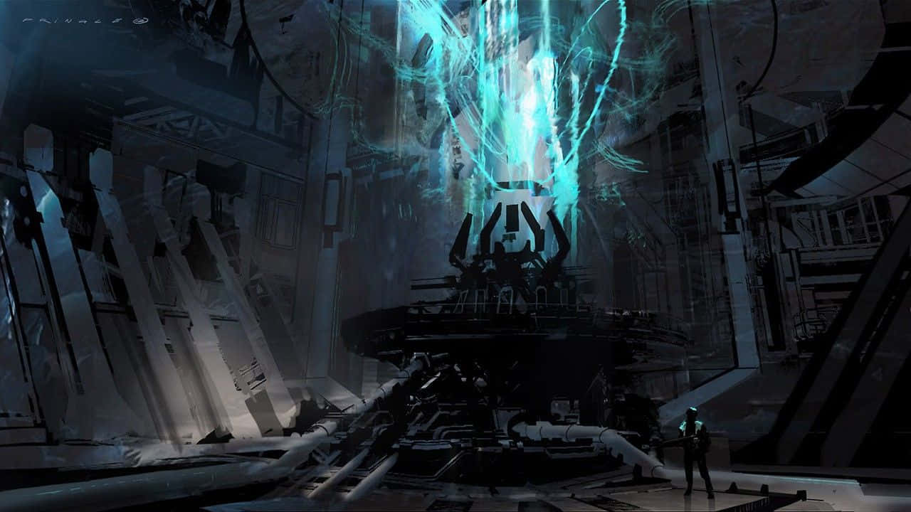 Halo Forerunner 桌布 壁紙 — 一個孤獨的身影站在黑暗的未來風格房間中，中央機器上方有充滿活力的藍色能量在噼啪作響。