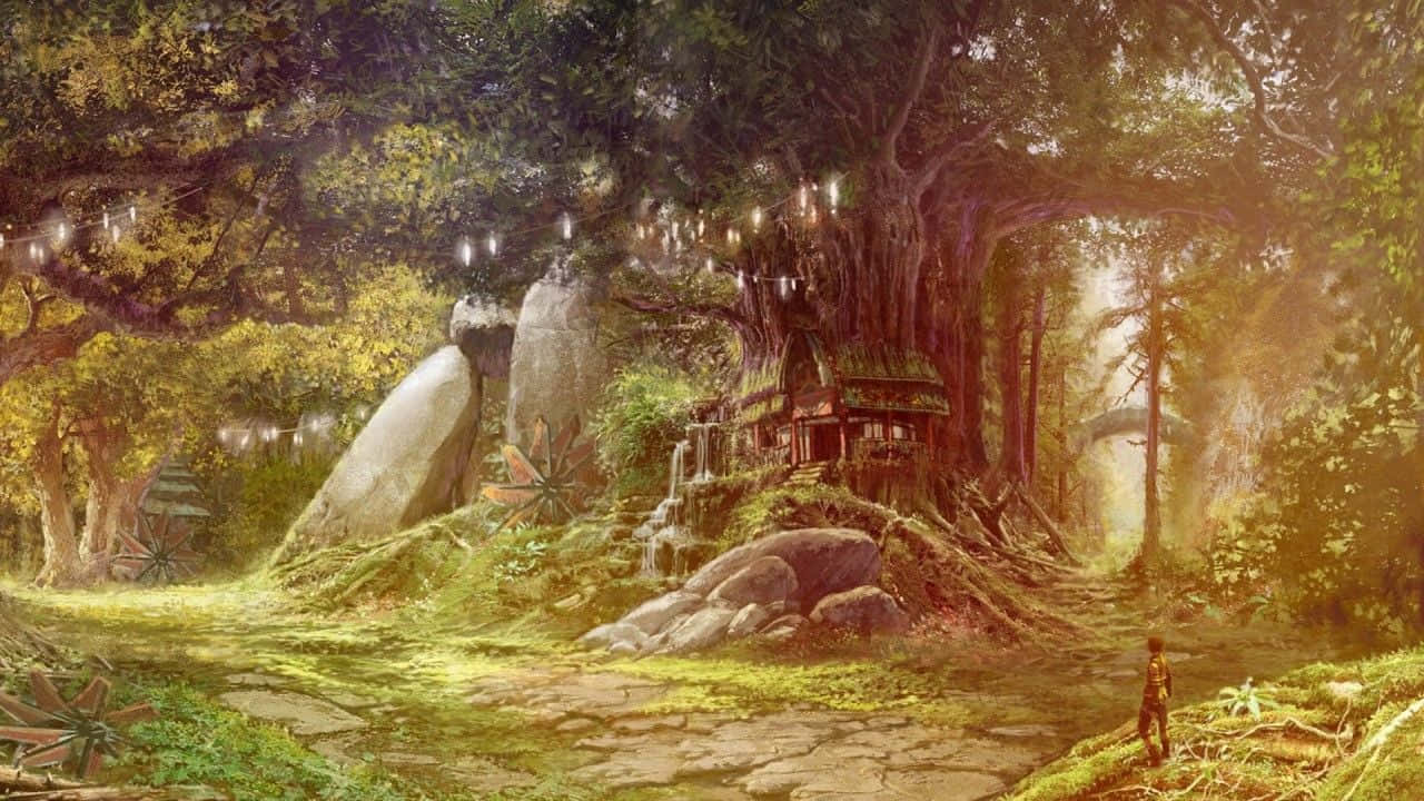 魔法 桌布 壁紙 — 一個孤獨的身影走向一個神秘樹屋，它隱藏在陽光斑駁、閃爍著光芒的魔法森林中。
