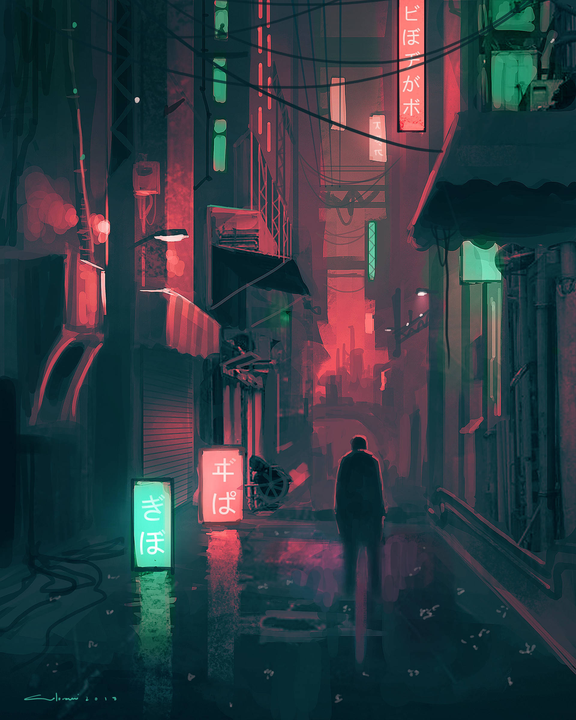 獨自一人 桌布 壁紙 — 一個孤獨的身影走在一條被雨水浸濕的霓虹小巷中，小巷在賽博龐克城市景觀中閃爍著紅色和綠色的標誌。