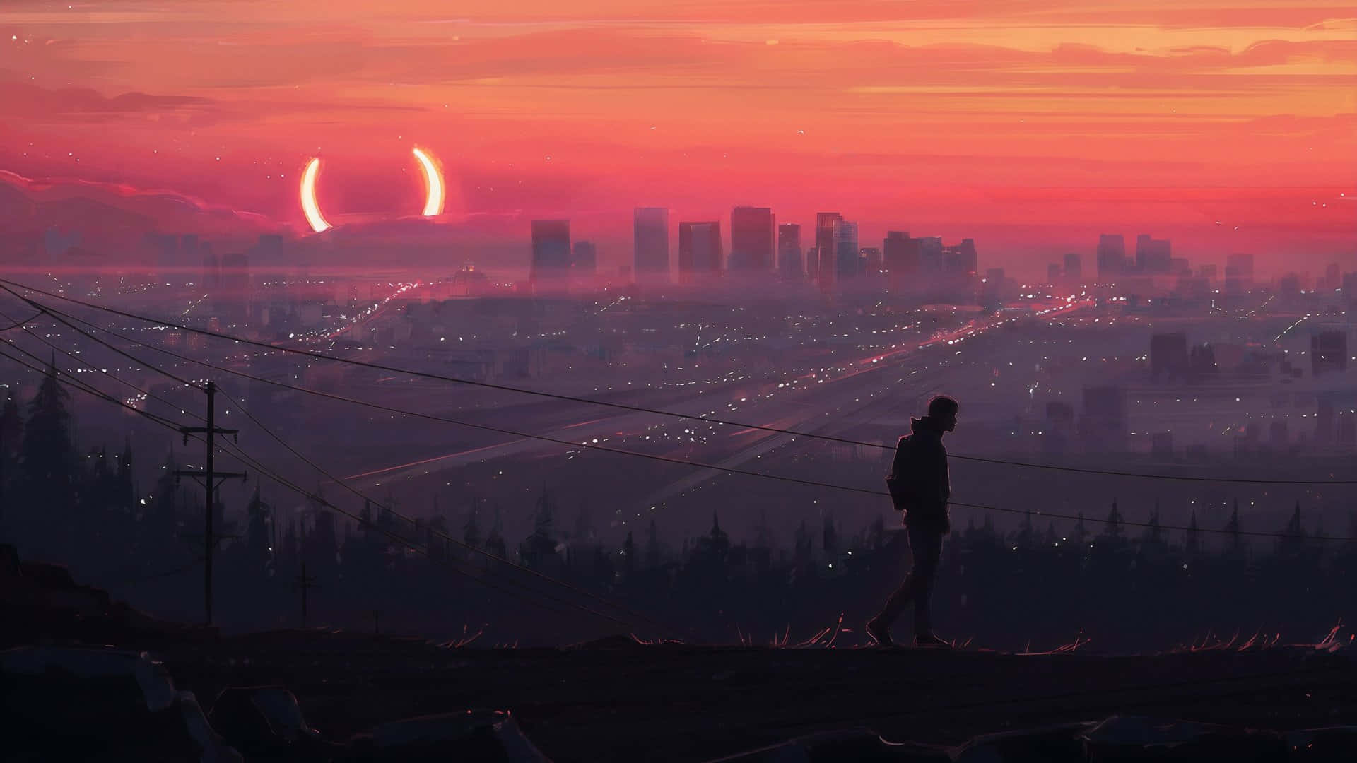 sadness 桌布 壁紙 — 一個孤獨的身影走在俯瞰城市的小山上，夕陽西下，兩彎新月在火紅的天空中閃耀。