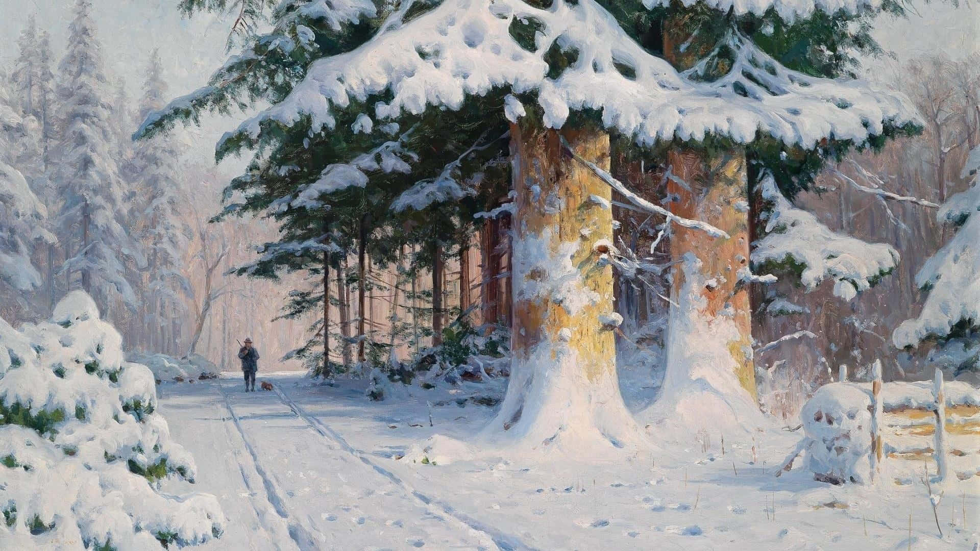 Winter Painting 桌布 壁紙 — 一個孤獨的身影走在白雪覆蓋的森林小徑上，兩旁是掛滿積雪的巨大松樹，在柔和冬日陽光的映襯下。