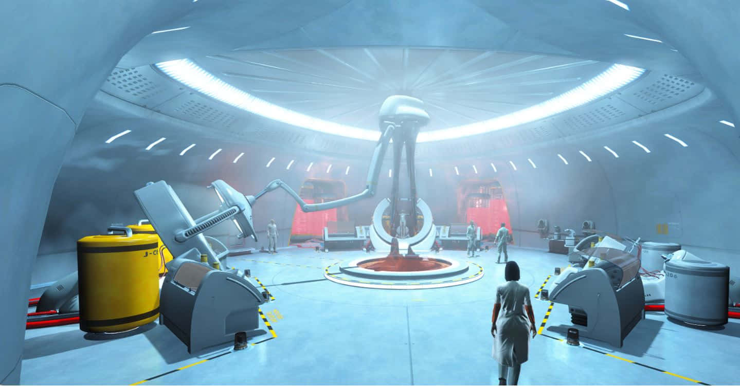 Fallout 4 Institute 桌布 壁紙 — 一個孤獨的身影走過一個帶有發光圓形燈光和先進機器的未來科幻實驗室。