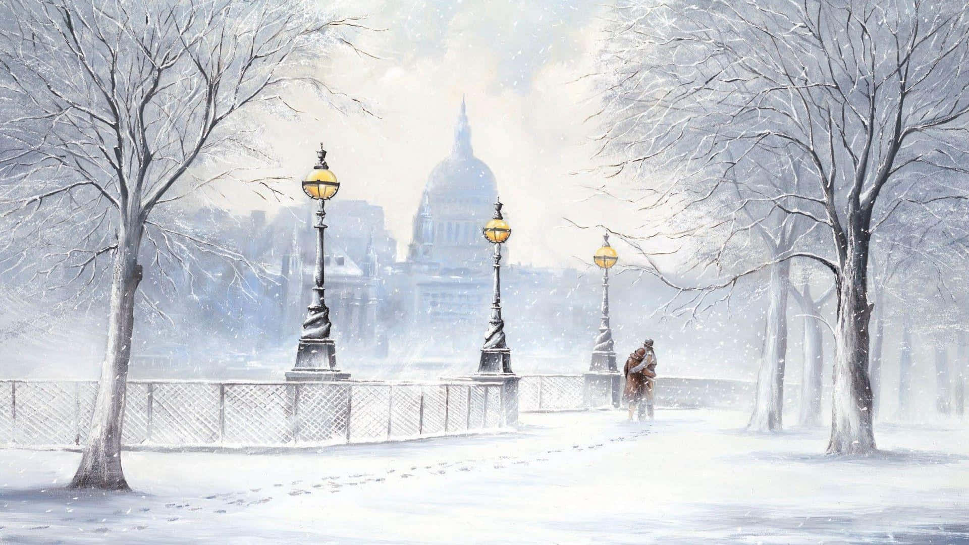 Winter Cityscape 桌布 壁紙 — 一個孤獨的身影走過一個積雪覆蓋的公園，公園裡有光禿禿的樹木和發光的路燈，而一座圓頂建築在霧氣瀰漫的冬季背景中逐漸消失。