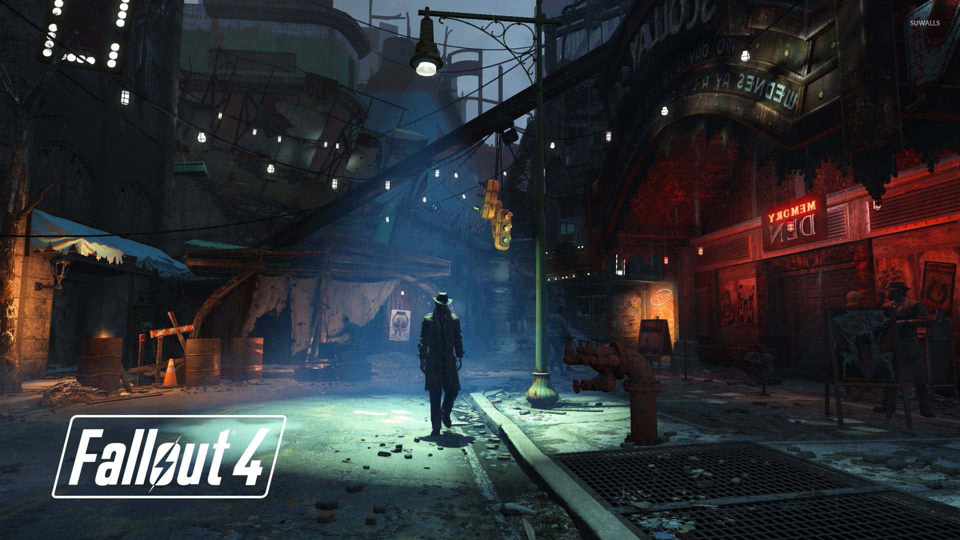 Fallout 4 Wasteland 桌布 壁紙 — 一個孤獨的身影走過一條霓虹燈照亮、煙霧瀰漫的末日後城市小巷，天空暮色沉沉。