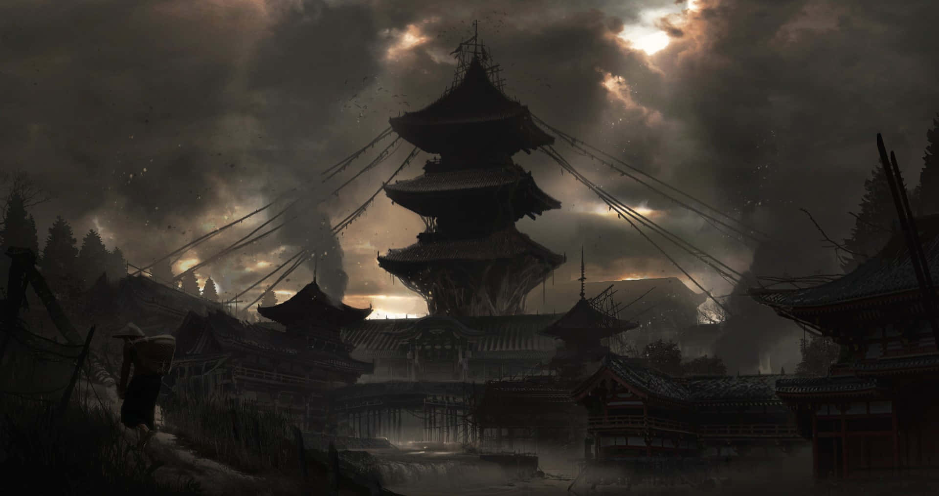 Feudal Japan 桌布 壁紙 — 一個孤獨的身影走過古老的日本寺廟遺跡，背景是暴風雨黃昏的天空，雲彩壯麗。