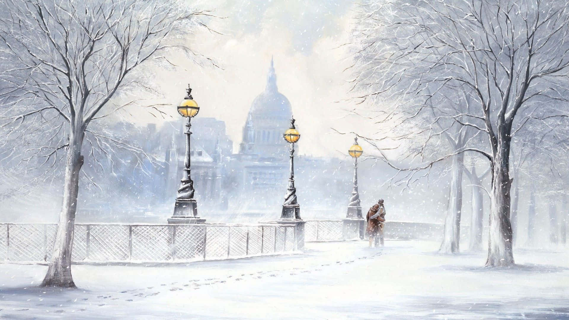 Winter Painting 桌布 壁紙 — 一個孤獨的身影走過白雪覆蓋的公園，周圍是光禿禿的樹木和發光的街燈，一座圓頂建築在迷濛的冬季背景中漸漸消失。