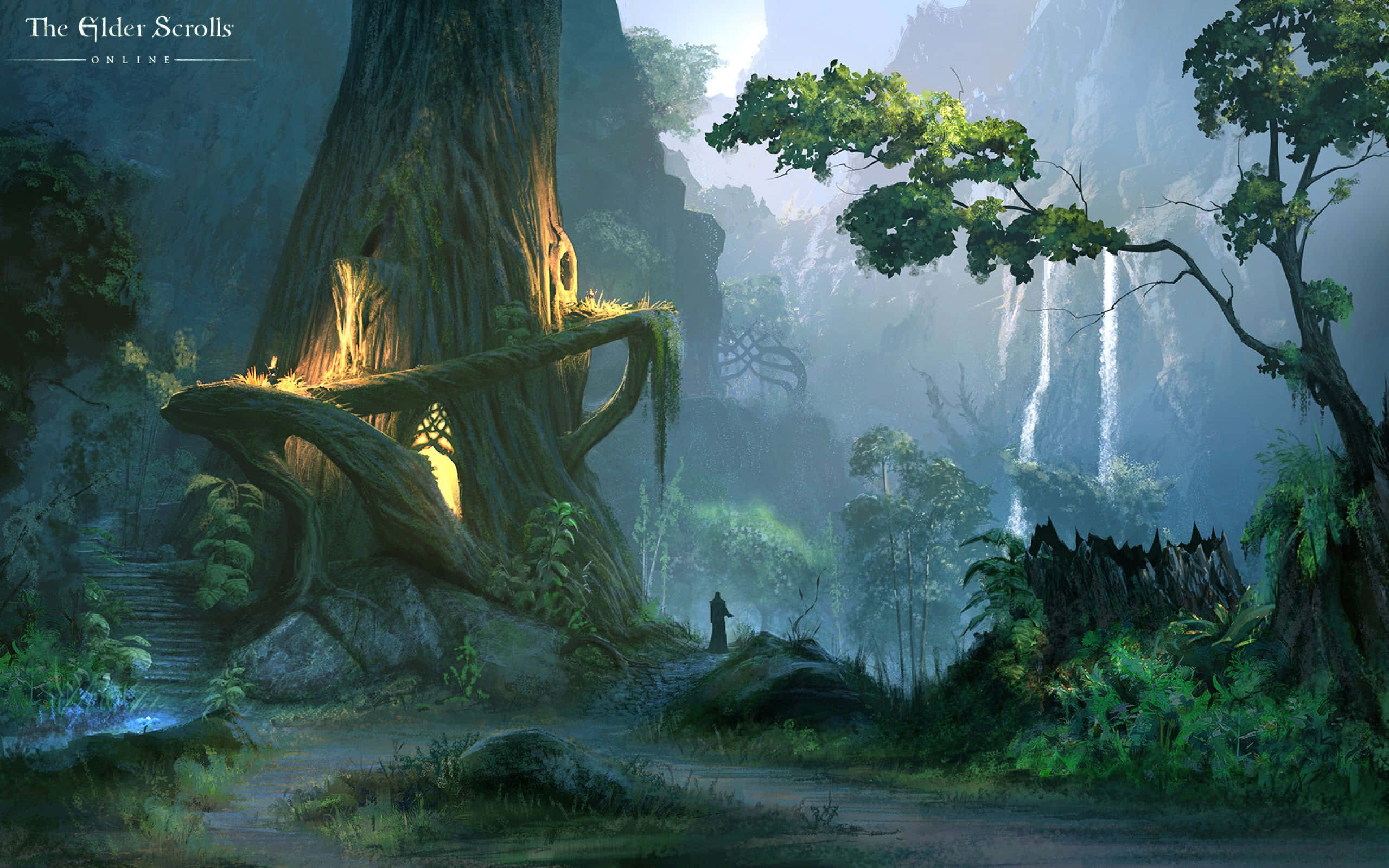 Rpg Games 桌布 壁紙 — 一個孤獨的身影走過迷霧森林，遠處有巨大的古樹和層疊的瀑布。