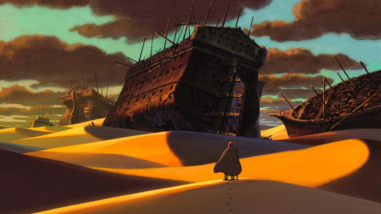 Tales From Earthsea 桌布 壁紙 — 一個孤獨的身影走過金色沙丘，朝向巨大的沉船，背景是戲劇性的暮色天空。