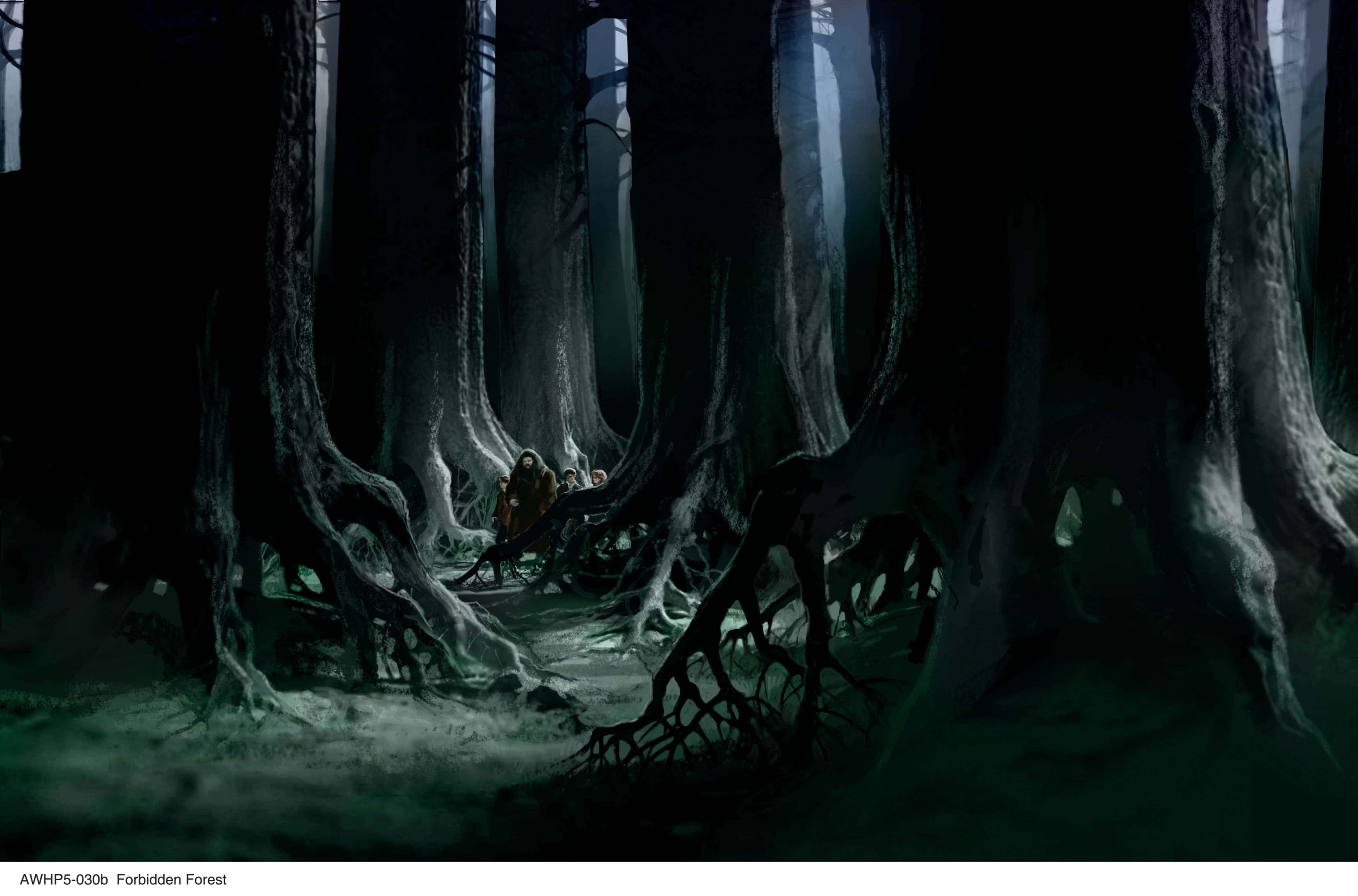 The Forbidden Forest 桌布 壁紙 — 一個孤獨的身影走過陰暗詭異的森林，森林中有高聳扭曲的樹木和發光的綠色薄霧。