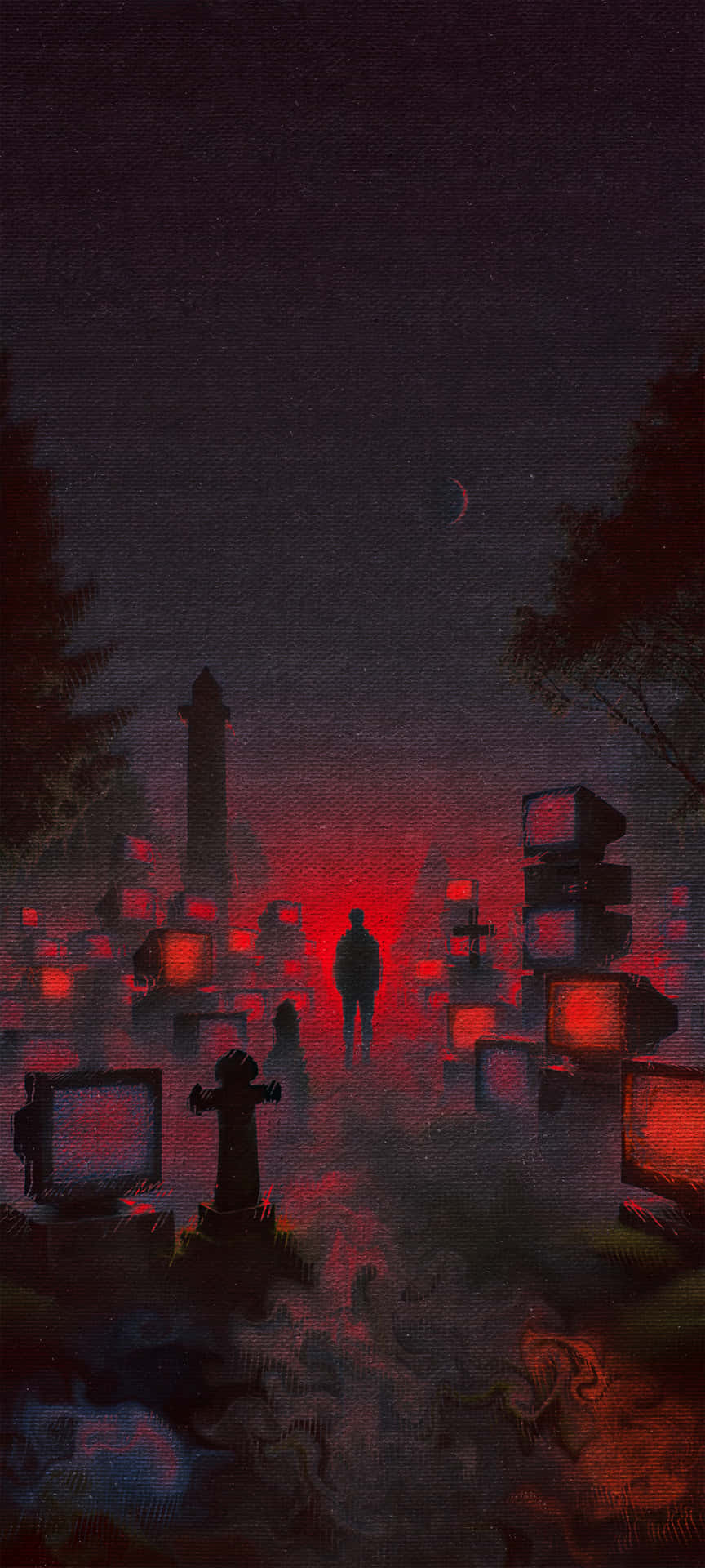 Dark Cemetery Silhouette Red Glow Night Horror Art Wallpaper 壁紙 — 一個孤獨的身影走過霧氣瀰漫的墓地，墓碑在彎月下發出詭異的紅光。