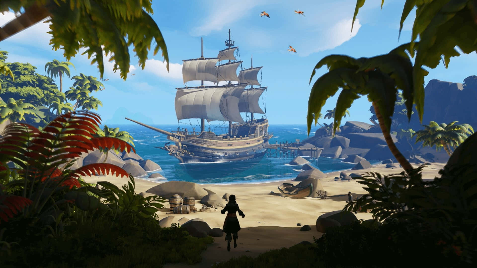 Sea Of Thieves 桌布 壁紙 — 一個孤獨的身影跑向一艘停泊在熱帶海灘上的巨大海盜船，周圍環繞著茂密的棕櫚葉和鮮豔的蕨類植物。