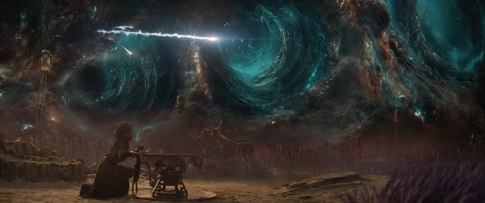Quantum Realm 桌布 壁紙 — 一個孤獨的身影跪在一張桌子前，上方是旋轉的宇宙星雲，帶有發光的藍綠色和暗雲。