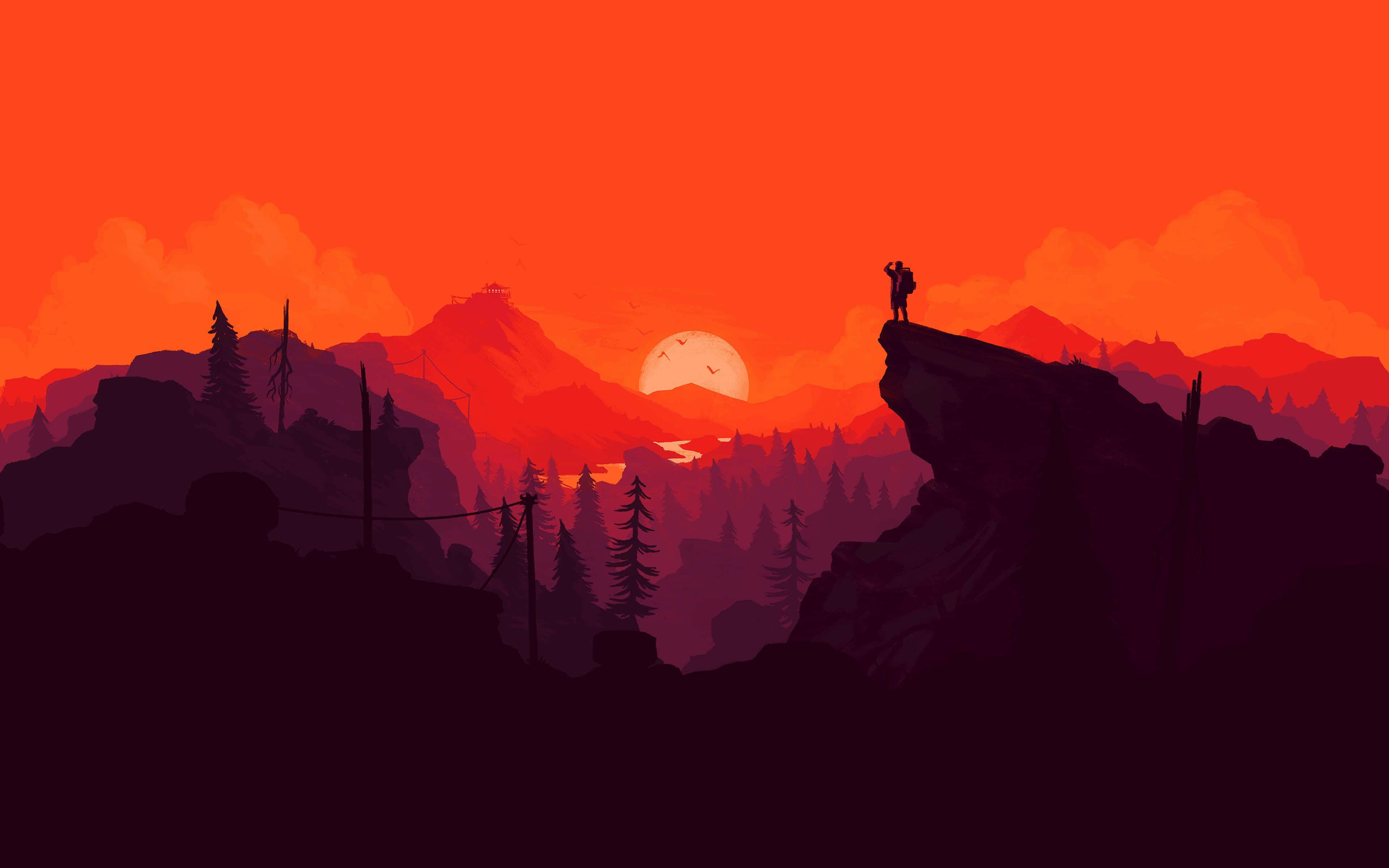 Minimalist Sky 桌布 壁紙 — 一個孤獨的遠足者站在懸崖頂上，在層層山脈和松樹林上方的火橙色日落中形成剪影。