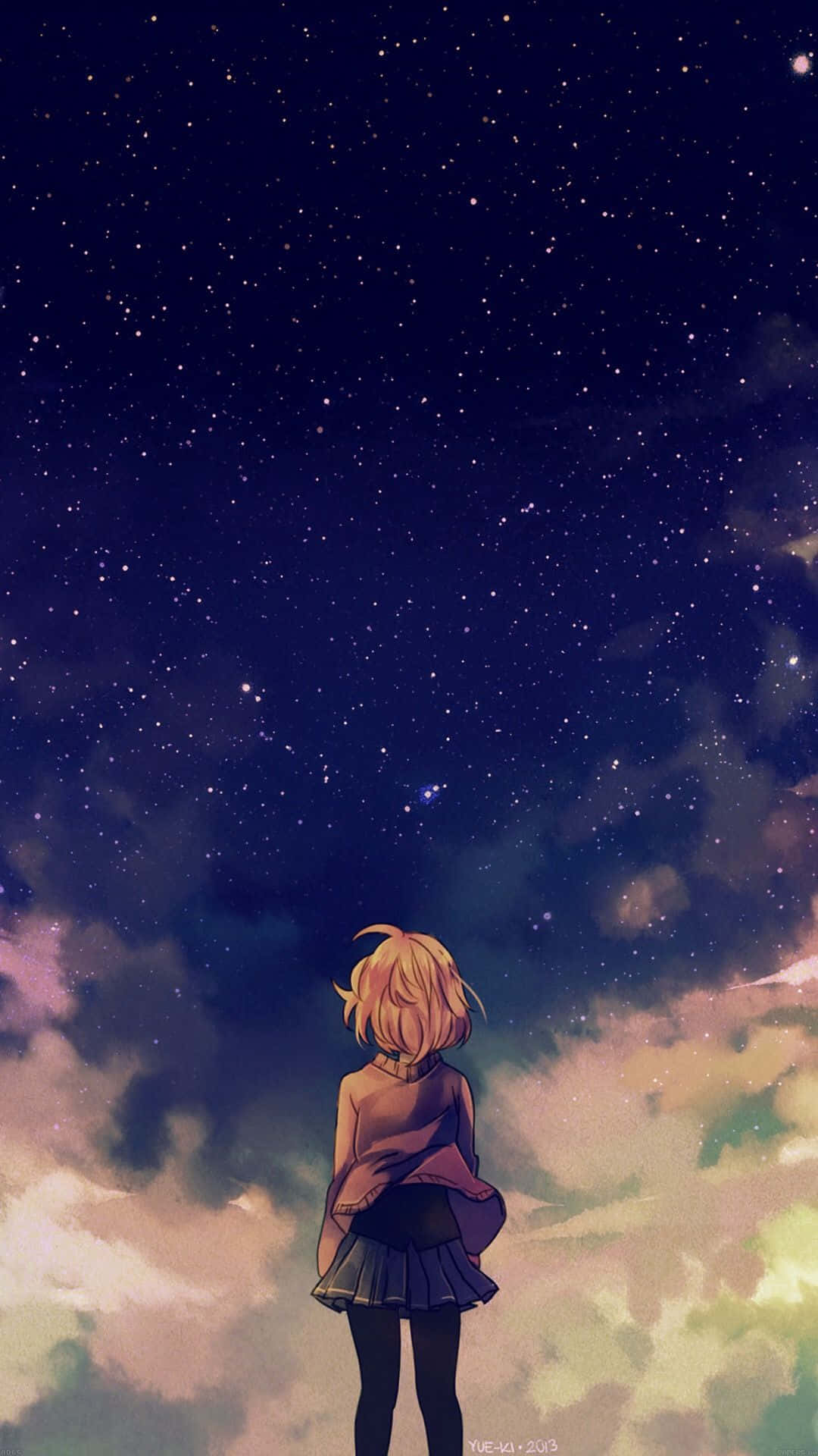 漫畫 桌布 壁紙 — 一個孤獨的金髮動漫女孩仰望廣闊的星空，星空充滿了閃爍的星星和五彩斑斕的雲彩。