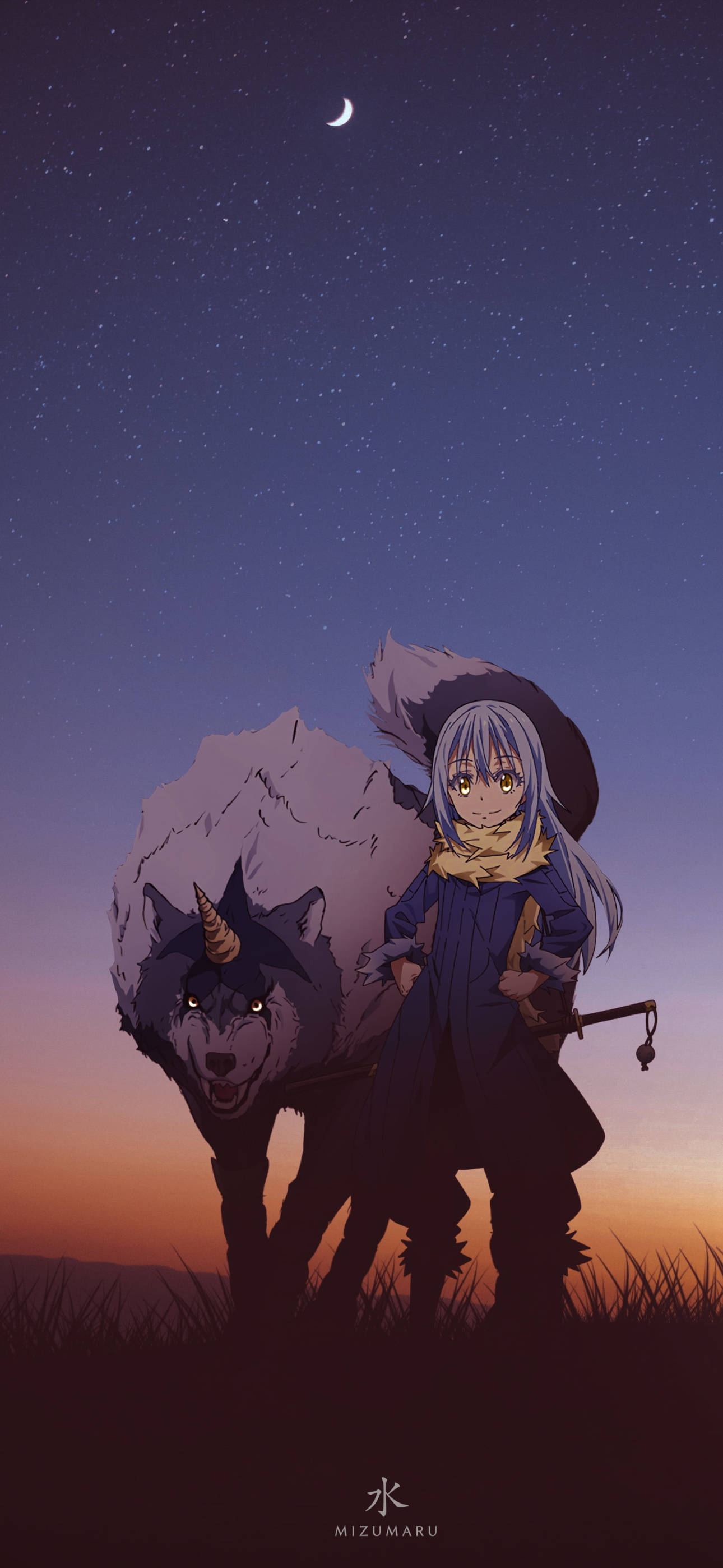 夜空 桌布 壁紙 — 一個孤獨的銀髮動漫女孩和狼同伴在點綴著星星和彎月的暮色天空下形成剪影。