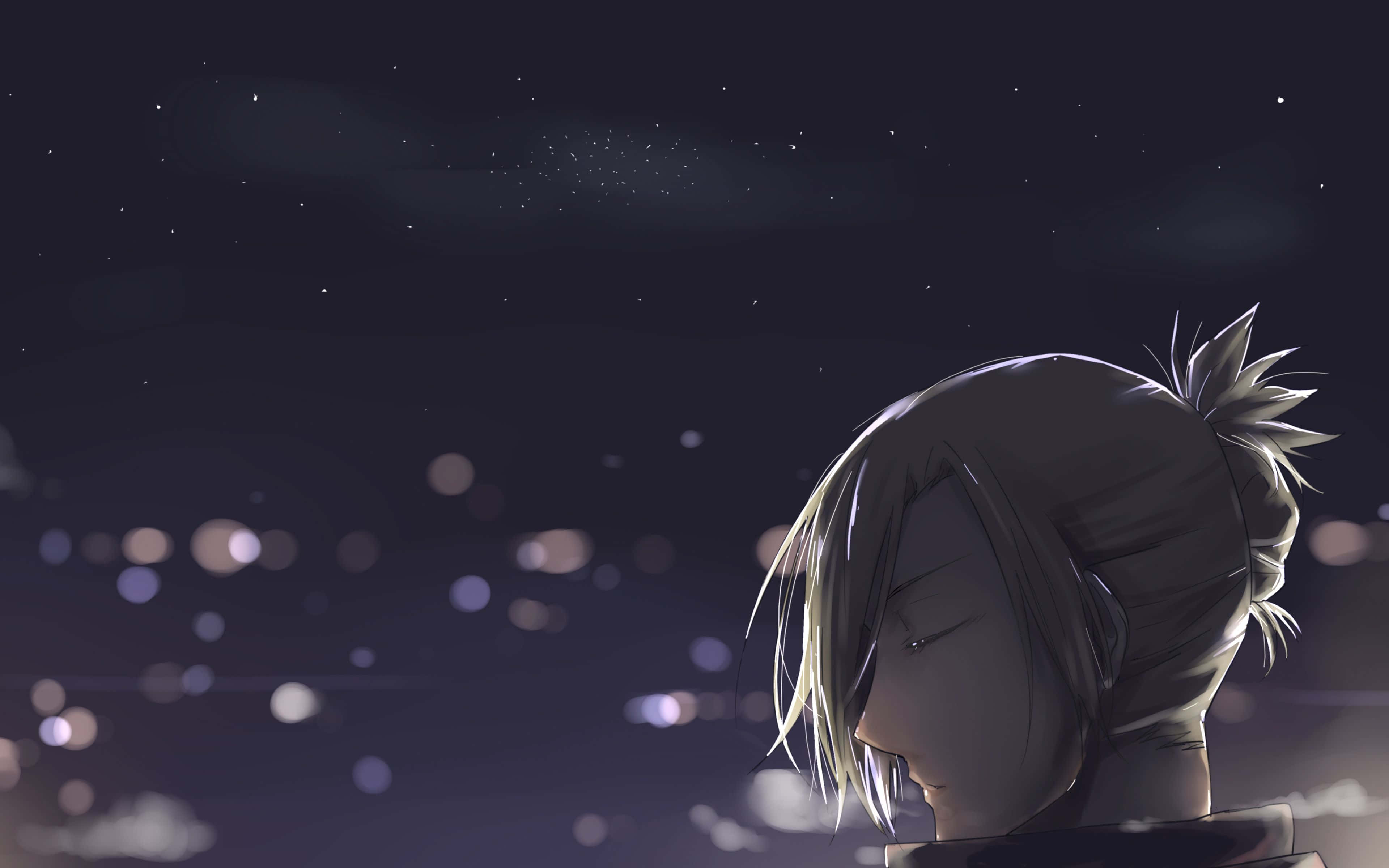 Annie Leonhart 桌布 壁紙 — 一個孤獨的銀髮動漫角色仰望星空，夜空點綴著柔和發光的光斑。